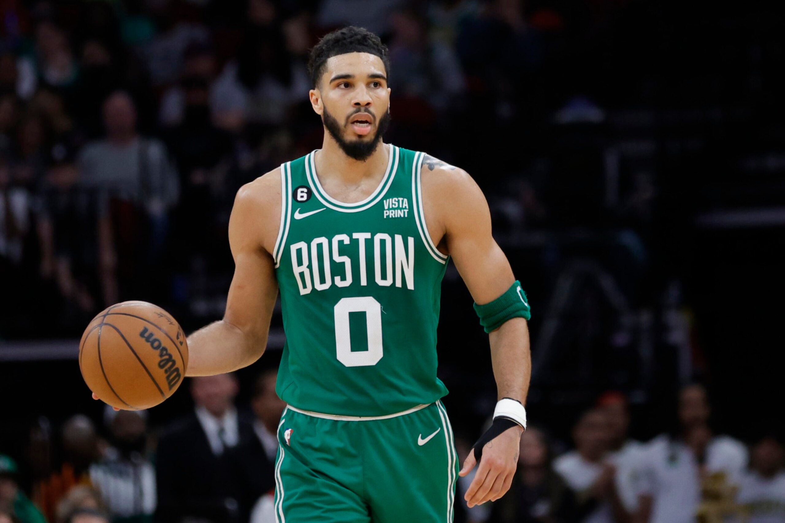 HOUSTON, TEXAS - MARCH 13: Jayson Tatum #0 of the Boston Celtics in action against the Houston Rockets at Toyota Center on March 13, 2023 in Houston, Texas. NOTE TO USER: User expressly acknowledges and agrees that, by downloading and or using this photograph, User is consenting to the terms and conditions of the Getty Images License Agreement. (Photo by Carmen Mandato/Getty Images)