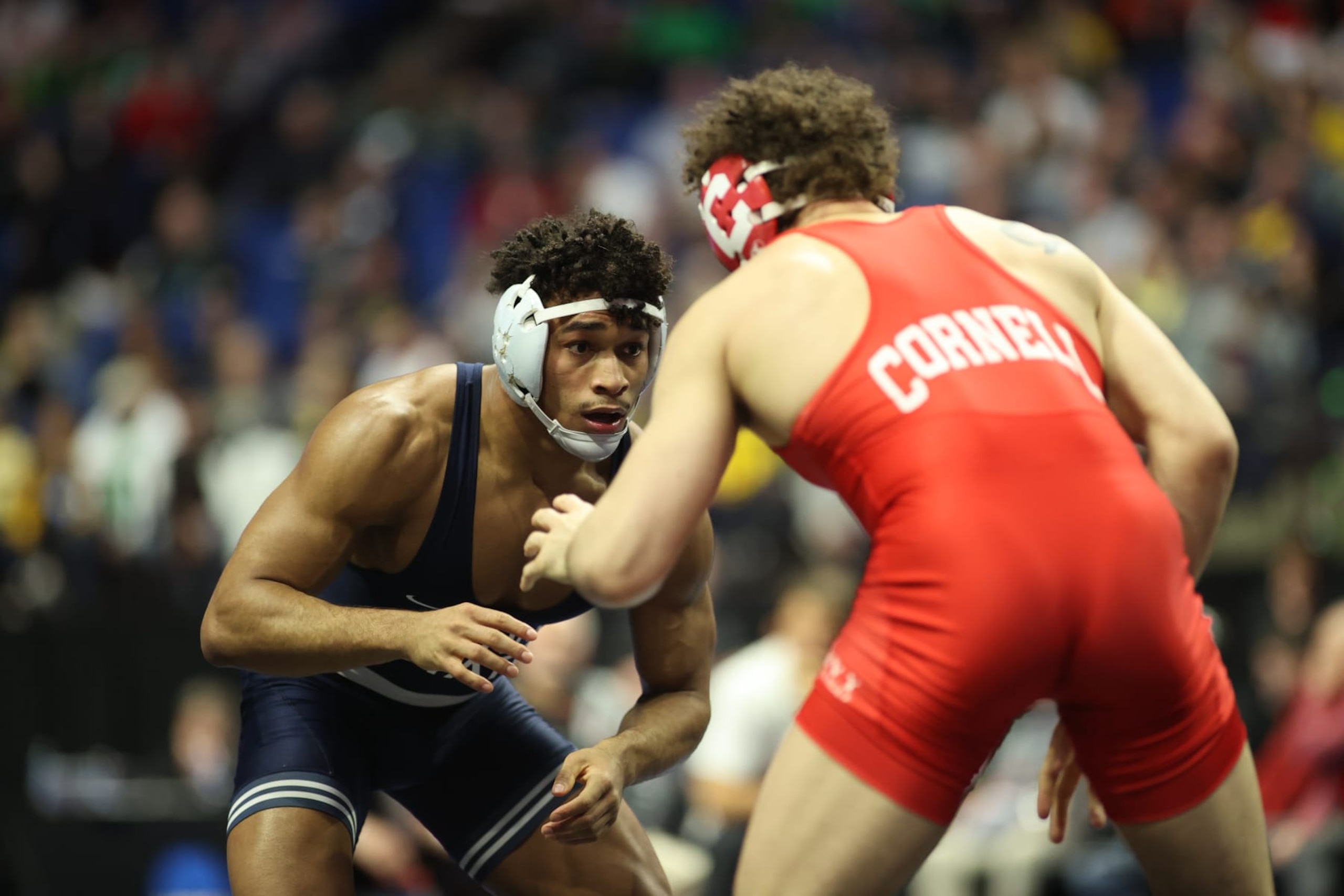 TULSA, OK - MARCH 17: Carter Starocci of Penn State wins by decision over Chris Foca of Cornell during the Division I Mens Wrestling Championship held at the BOK Center on March 17, 2023 in Tulsa, Oklahoma. (Photo by Shane Bevel/NCAA Photos via Getty Images)