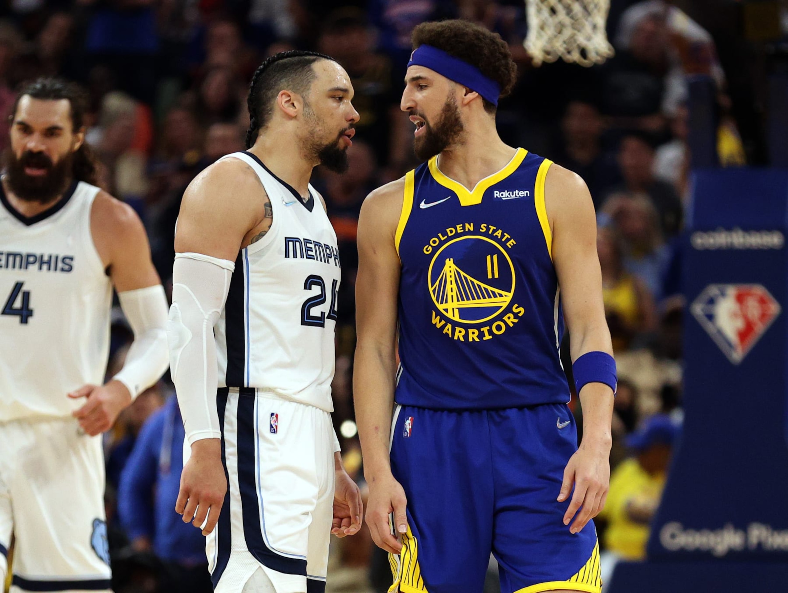 SAN FRANCISCO, CALIFORNIA - MAY 13:  Dillon Brooks #24 of the Memphis Grizzlies and Klay Thompson #11 of the Golden State Warriors exchange words during the second quarter in Game Six of the 2022 NBA Playoffs Western Conference Semifinals at Chase Center on May 13, 2022 in San Francisco, California. NOTE TO USER: User expressly acknowledges and agrees that, by downloading and/or using this photograph, User is consenting to the terms and conditions of the Getty Images License Agreement. (Photo by Ezra Shaw/Getty Images)