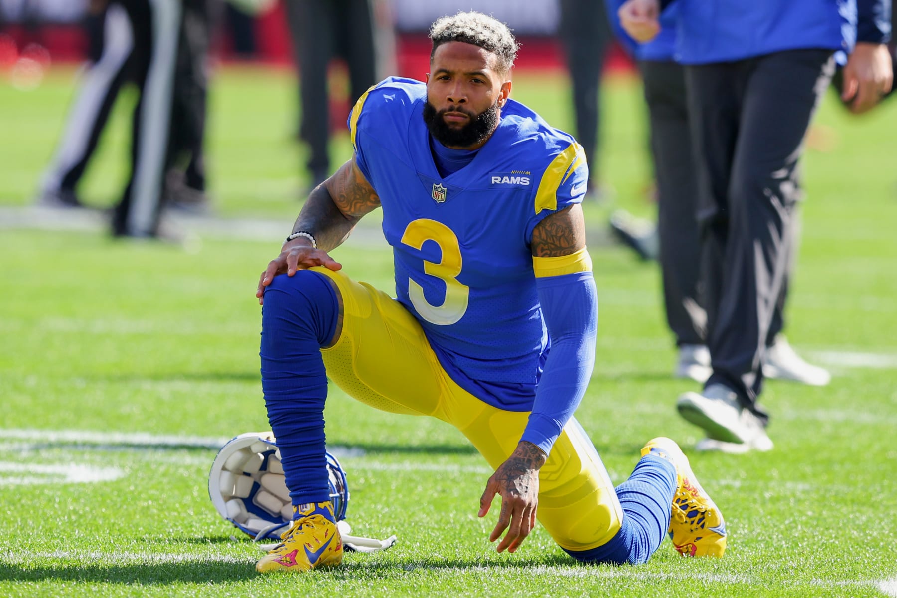 TAMPA, FLORIDA - JANUARY 23: Odell Beckham Jr. #3 of the Los Angeles Rams warms up prior to facing the Tampa Bay Buccaneers in the NFC Divisional Playoff game at Raymond James Stadium on January 23, 2022 in Tampa, Florida. (Photo by Kevin C. Cox/Getty Images)