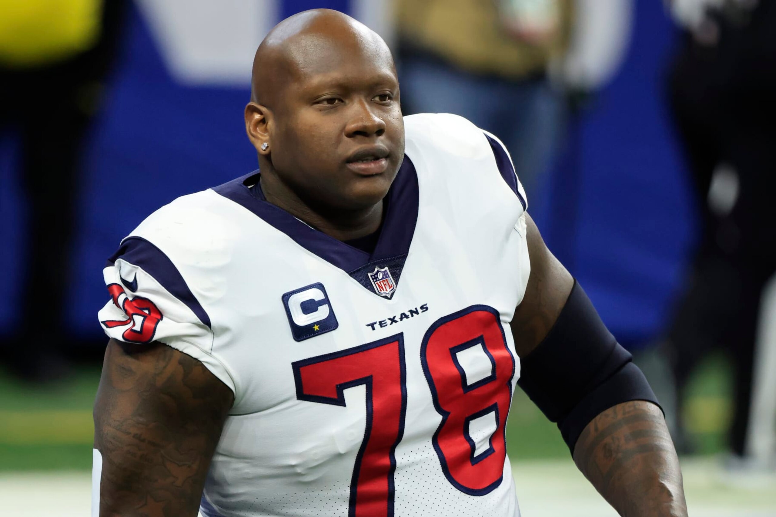 INDIANAPOLIS, INDIANA - JANUARY 08: Laremy Tunsil #78 of the Houston Texans warms up prior to the game against the Indianapolis Colts at Lucas Oil Stadium on January 08, 2023 in Indianapolis, Indiana. (Photo by Justin Casterline/Getty Images)