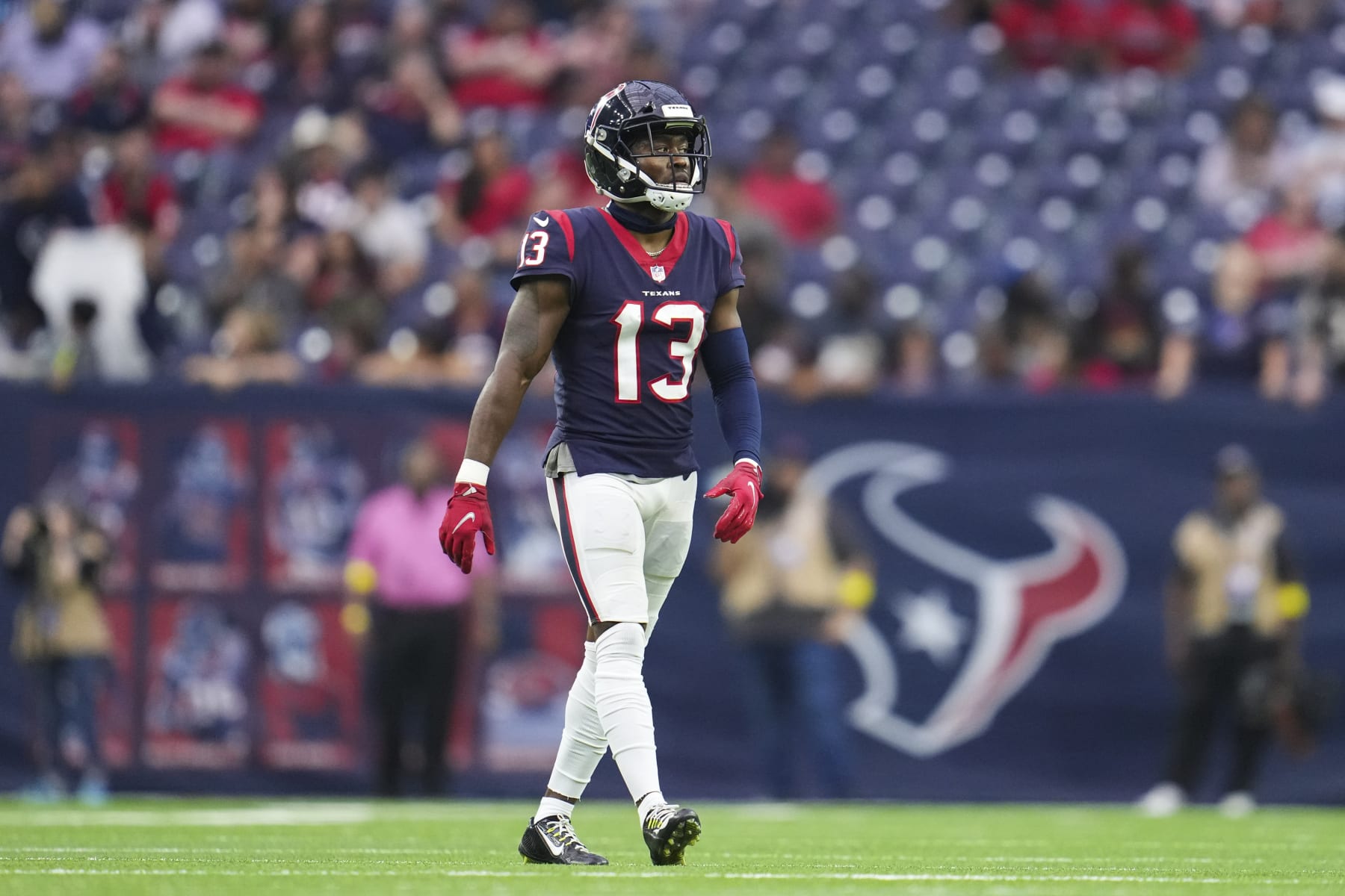 HOUSTON, TX - JANUARY 01: Brandin Cooks #13 of the Houston Texans gets set against the Jacksonville Jaguars at NRG Stadium on January 1, 2023 in Houston, Texas. (Photo by Cooper Neill/Getty Images)