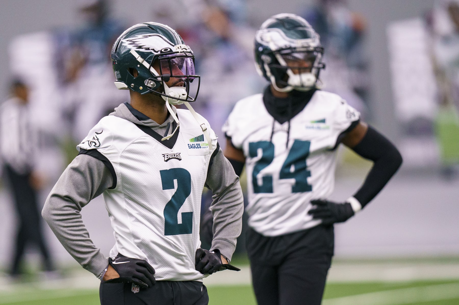 Philadelphia Eagles corner back Darius Slay (2) looks on with corner back James Bradberry (24) during an NFL football workout, Thursday, Jan. 26, 2023, in Philadelphia. The Eagles are scheduled to play the San Francisco 49ers Sunday in the NFC championship game.(AP Photo/Chris Szagola)