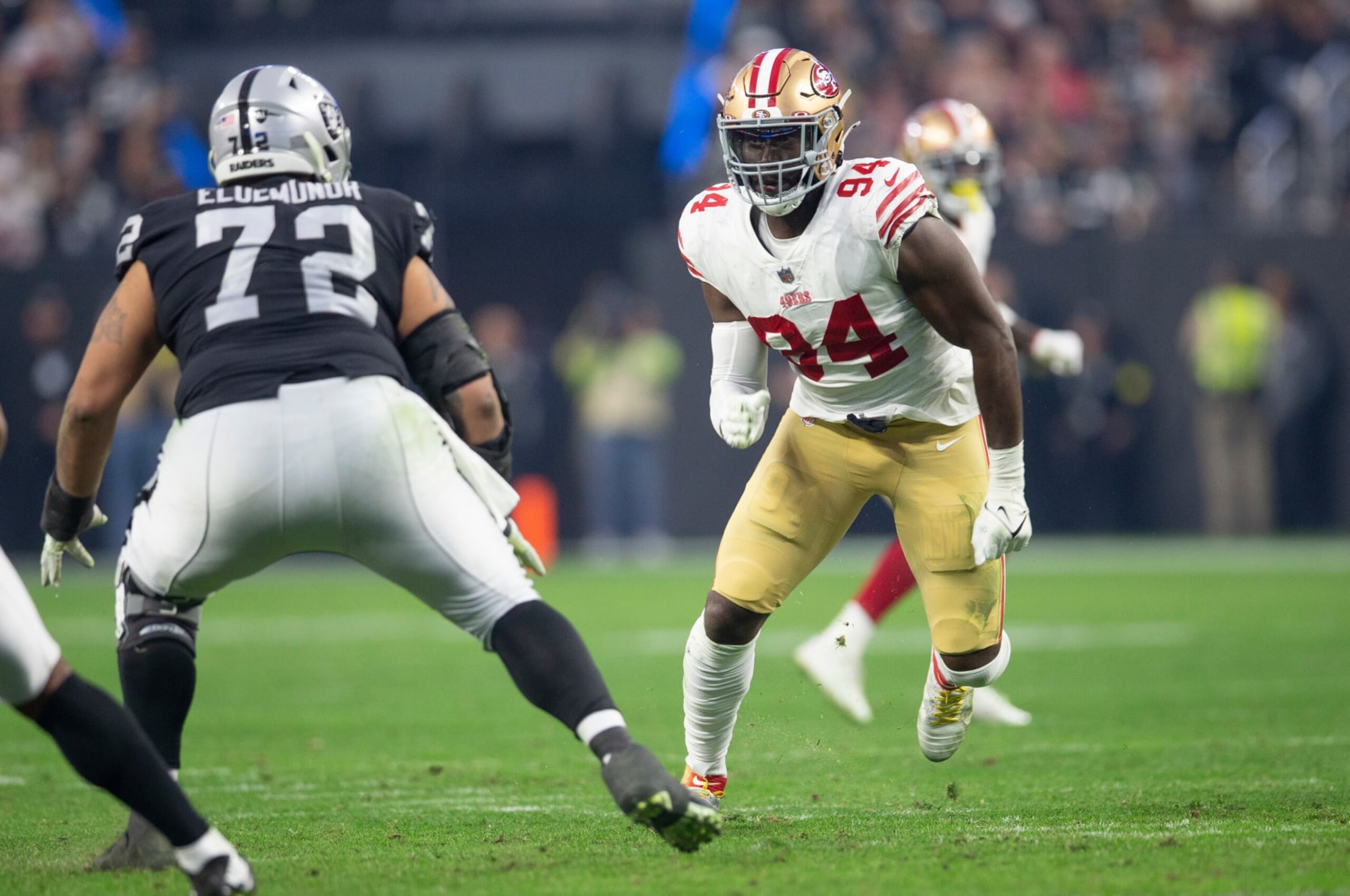 LAS VEGAS, NV - JANUARY 1: Charles Omenihu #94 of the San Francisco 49ers rushes the quarterback during the game against the Las Vegas Raiders at Allegiant Stadium on January 1, 2023 in Las Vegas, Nevada. The 49ers defeated the Raiders 37-34. (Photo by Michael Zagaris/San Francisco 49ers/Getty Images)