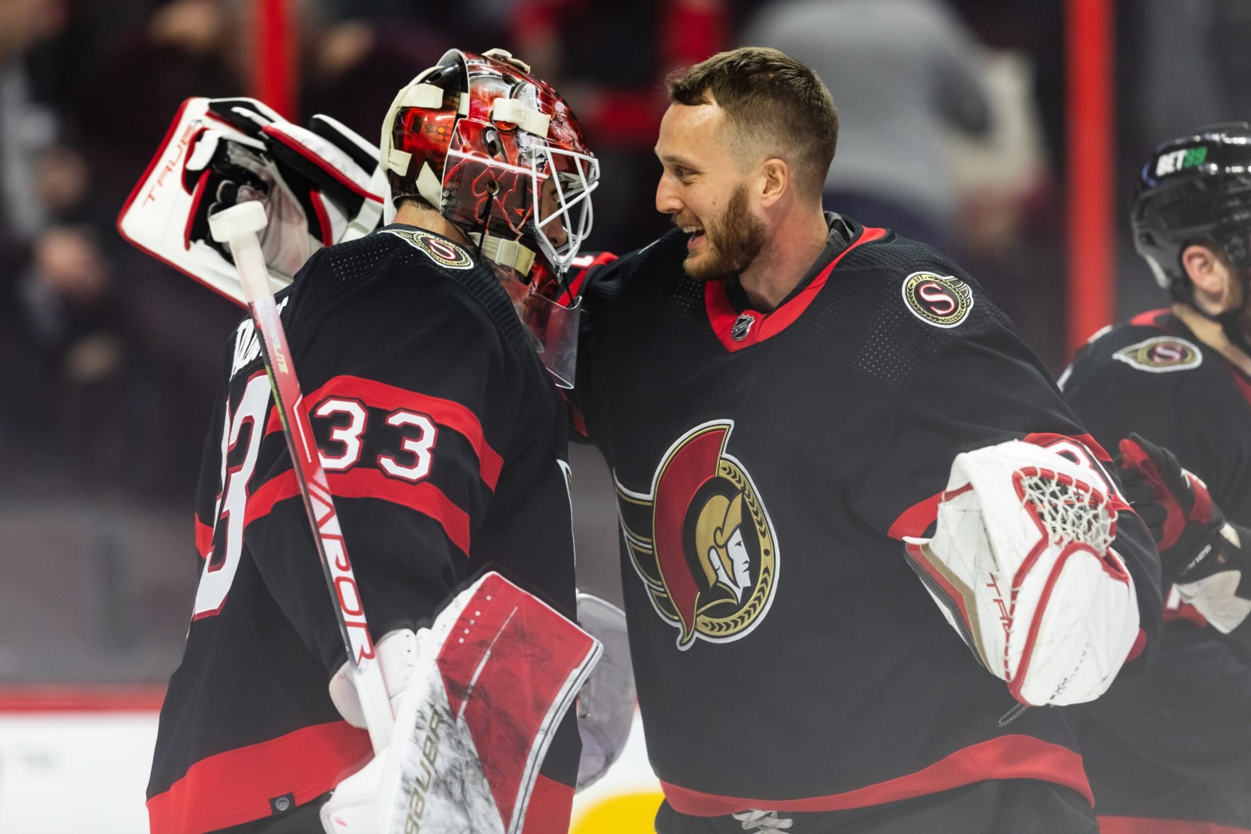 Ottawa Senators goaltender Cam Talbot (left) and Anton Forsberg.