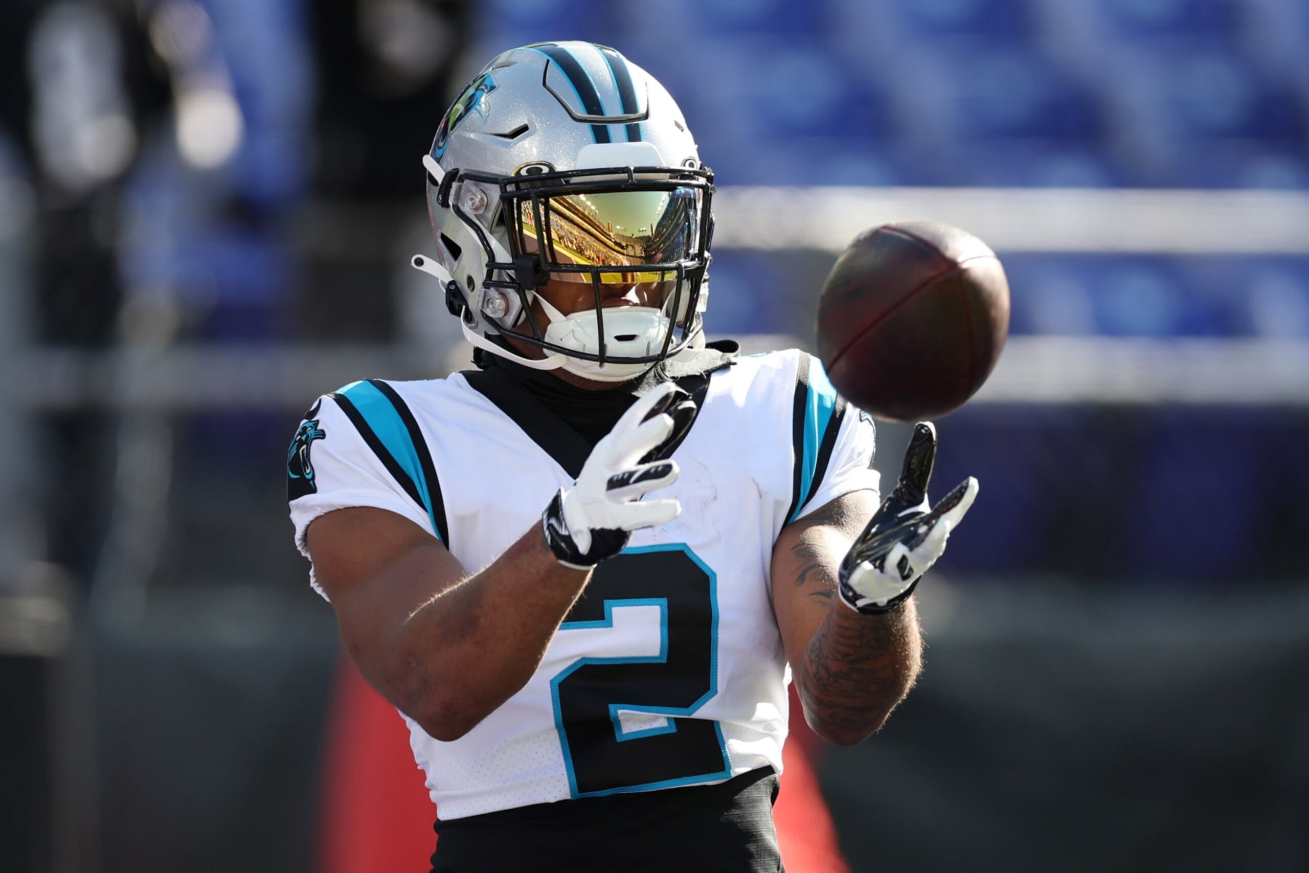 BALTIMORE, MARYLAND - NOVEMBER 20: DJ Moore #2 of the Carolina Panthers warms up before a game against the Baltimore Ravens at M&T Bank Stadium on November 20, 2022 in Baltimore, Maryland. (Photo by Rob Carr/Getty Images)