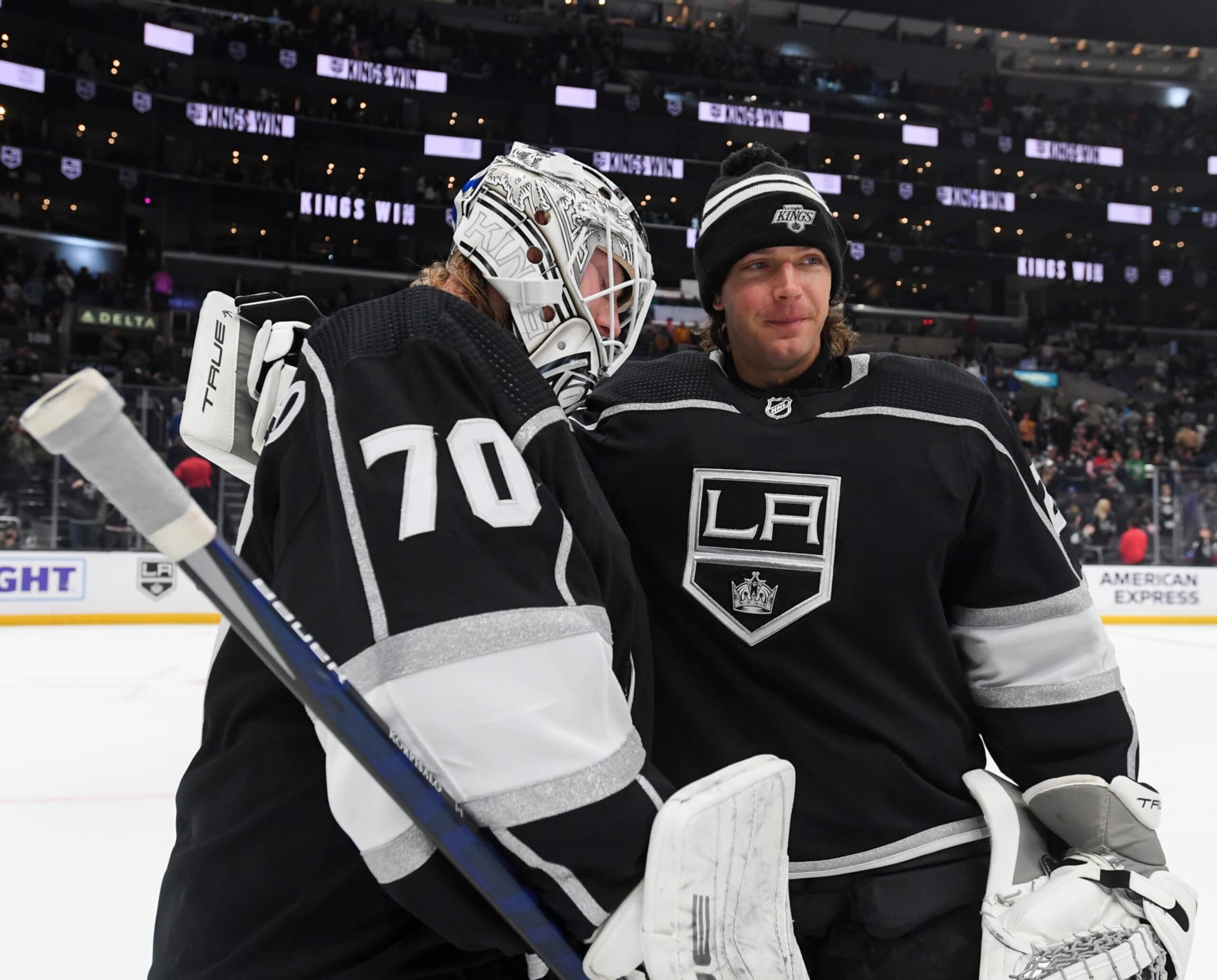 Los Angeles Kings goaltenders Joonas Korpisalo (left) and Pheonix Copley.