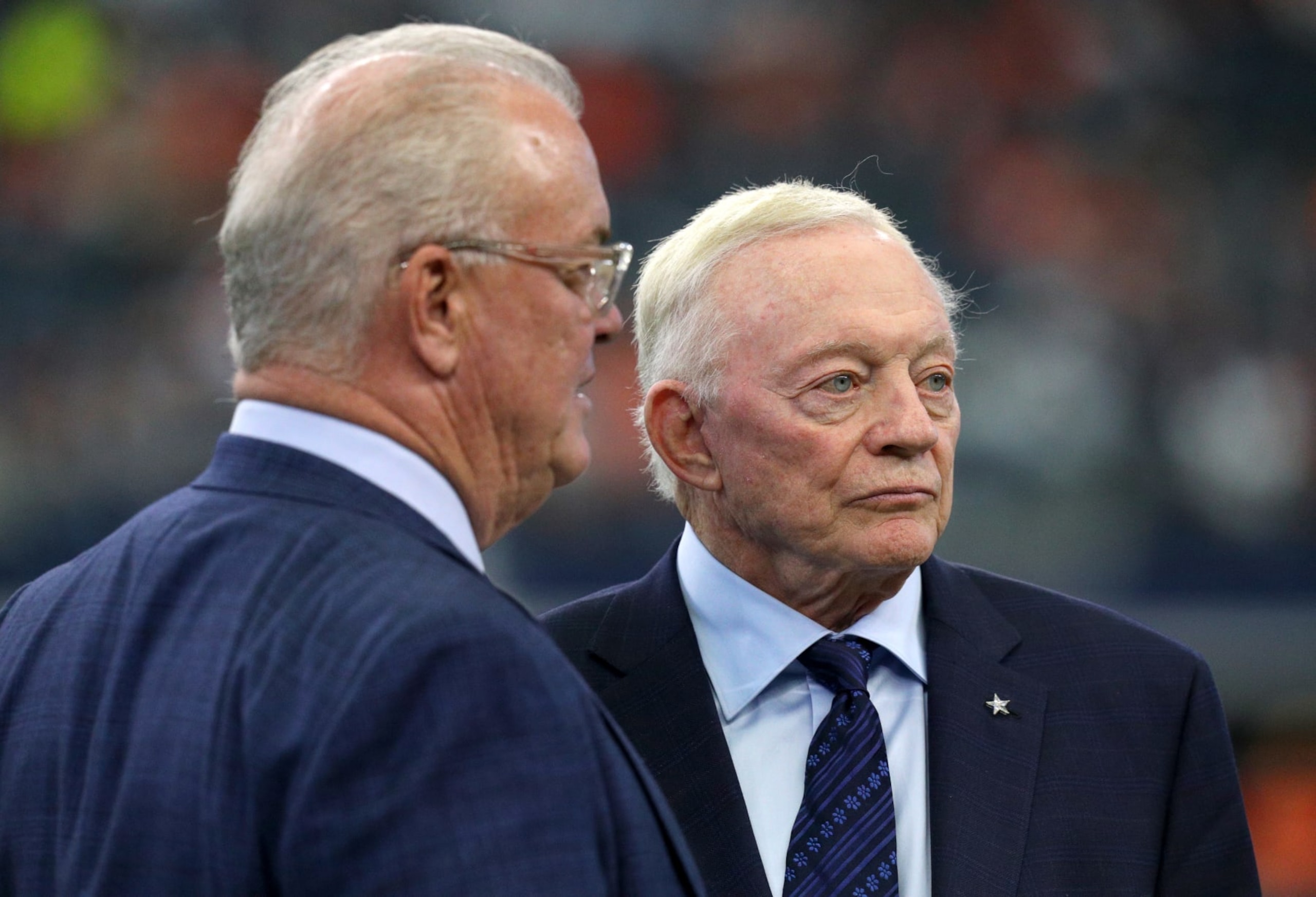Executive vice president, CEO and director of player personnel Stephen Jones (left) and owner, president and general manager Jerry Jones (right)