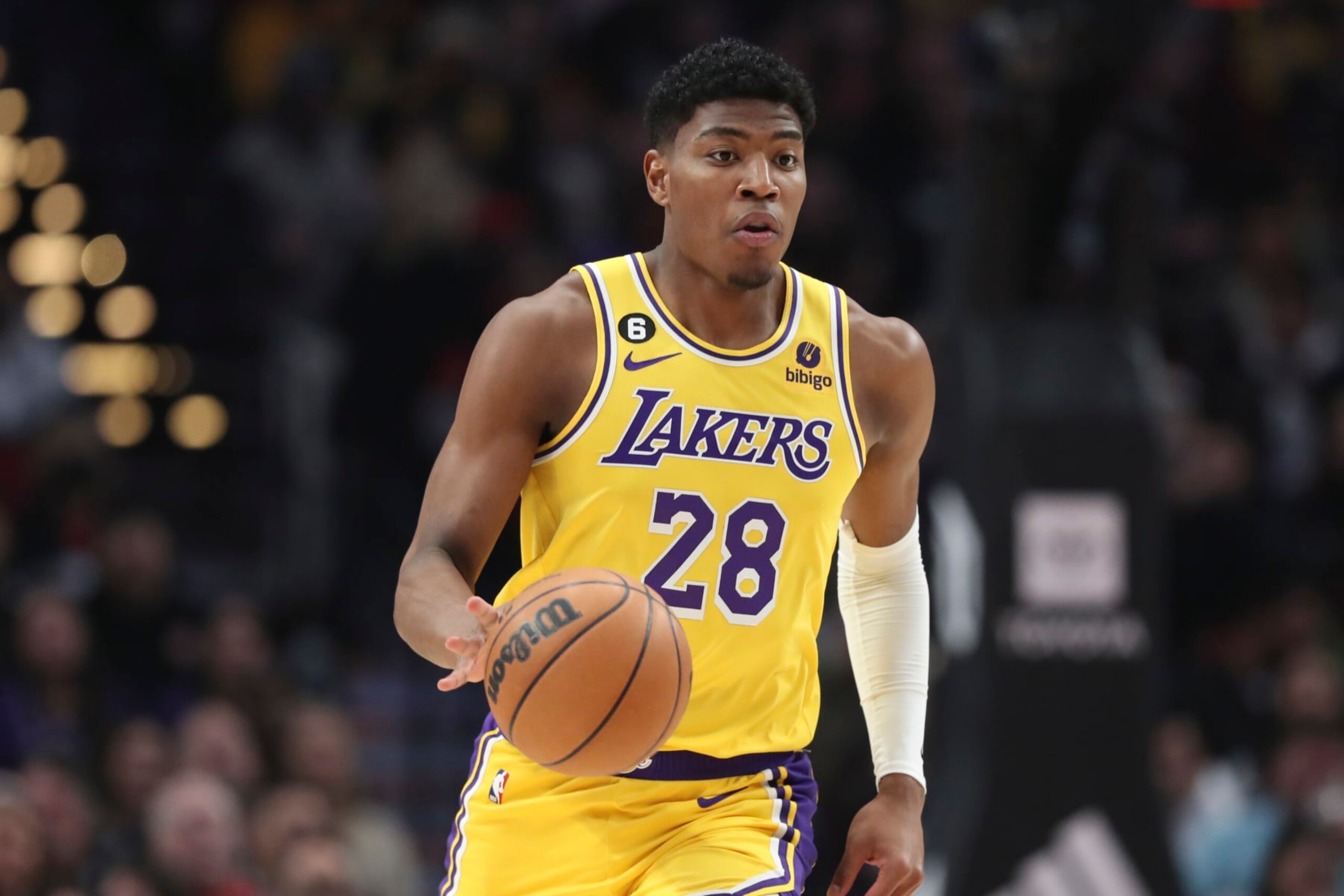 PORTLAND, OREGON - FEBRUARY 13: Rui Hachimura #28 of the Los Angeles Lakers plays against the Portland Trail Blazers during the first quarter at Moda Center on February 13, 2023 in Portland, Oregon. NOTE TO USER: User expressly acknowledges and agrees that, by downloading and or using this photograph, user is consenting to the terms and conditions of the Getty Images License Agreement. (Photo by Amanda Loman/Getty Images)