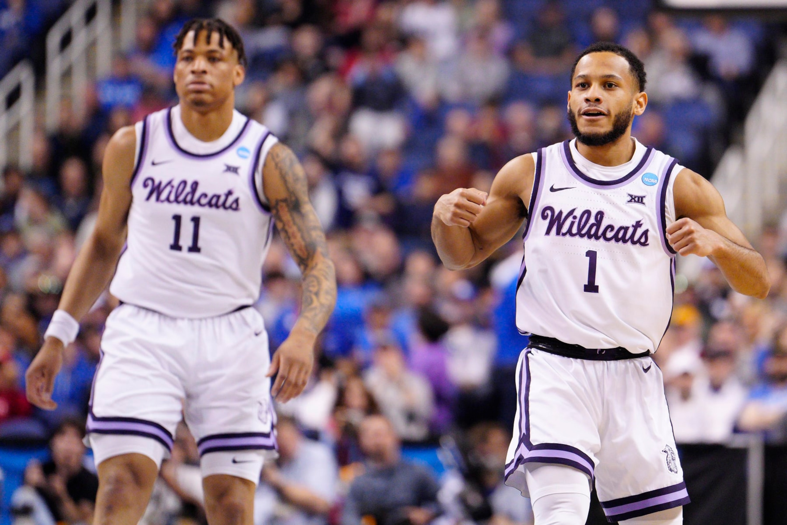 Kansas State's Markquis Nowell (1) and Keyontae Johnson (11)