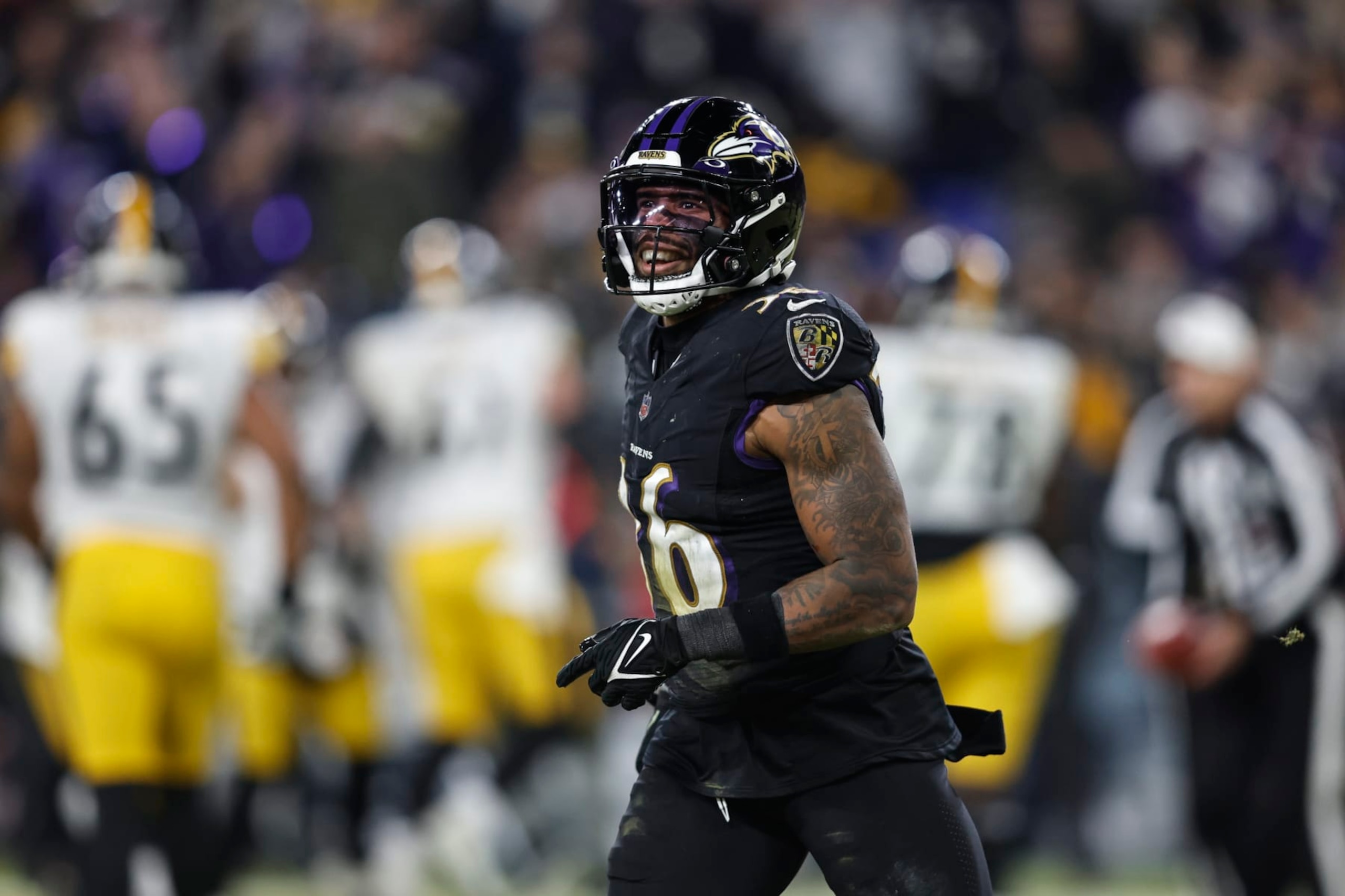 BALTIMORE, MARYLAND - JANUARY 01: Chuck Clark #36 of the Baltimore Ravens reacts during an NFL football game between the Baltimore Ravens and the Pittsburgh Steelers at M&T Bank Stadium on January 01, 2023 in Baltimore, Maryland. (Photo by Michael Owens/Getty Images)