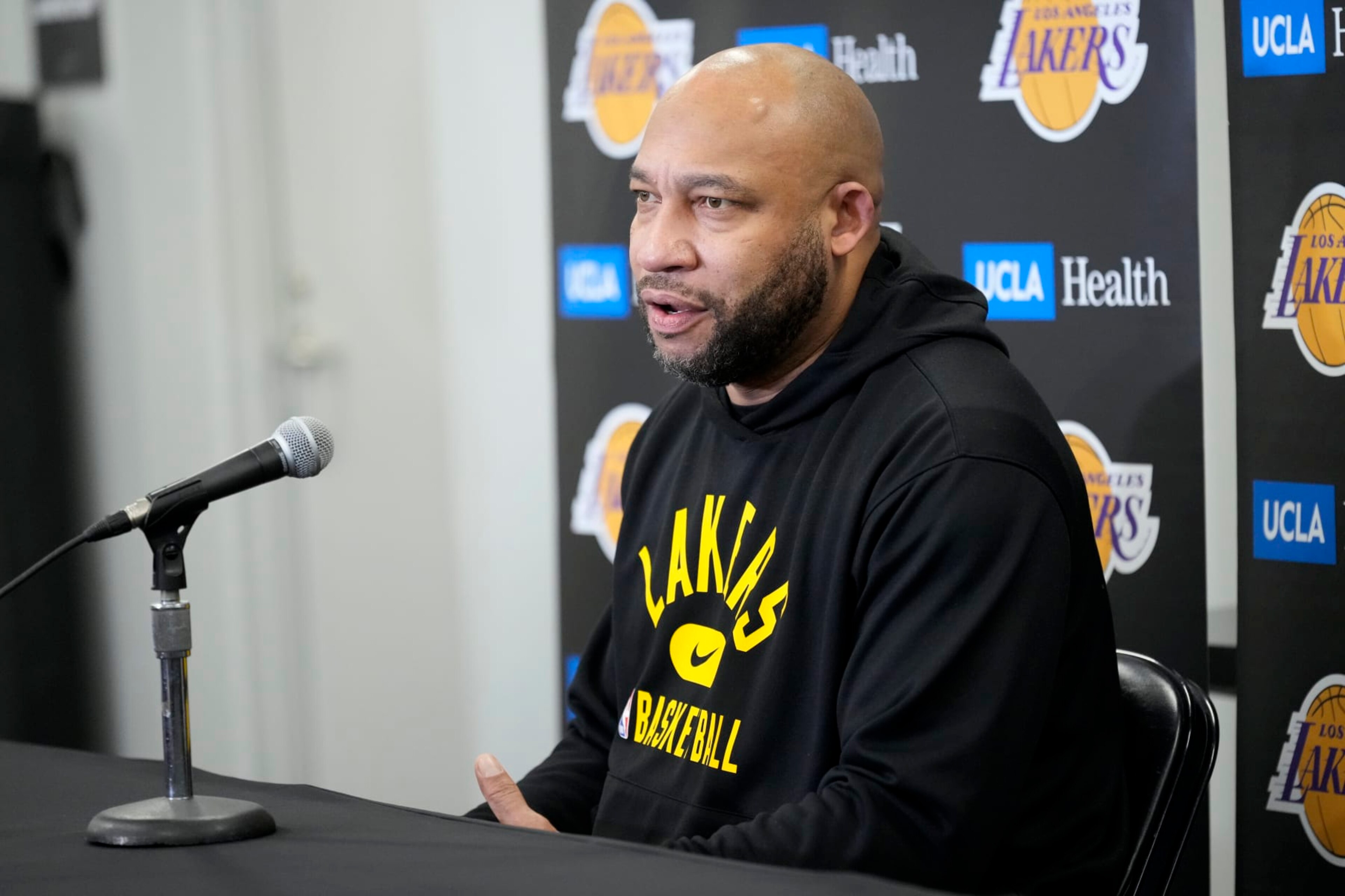 INDIANAPOLIS, IN - FEBRUARY 2: Head Coach Darvin Ham of the Los Angeles Lakers talks to the press before the game against the Indiana Pacers on February 2, 2023 at Gainbridge Fieldhouse in Indianapolis, Indiana. NOTE TO USER: User expressly acknowledges and agrees that, by downloading and or using this Photograph, user is consenting to the terms and conditions of the Getty Images License Agreement. Mandatory Copyright Notice: Copyright 2023 NBAE (Photo by A.J. Mast/NBAE via Getty Images)