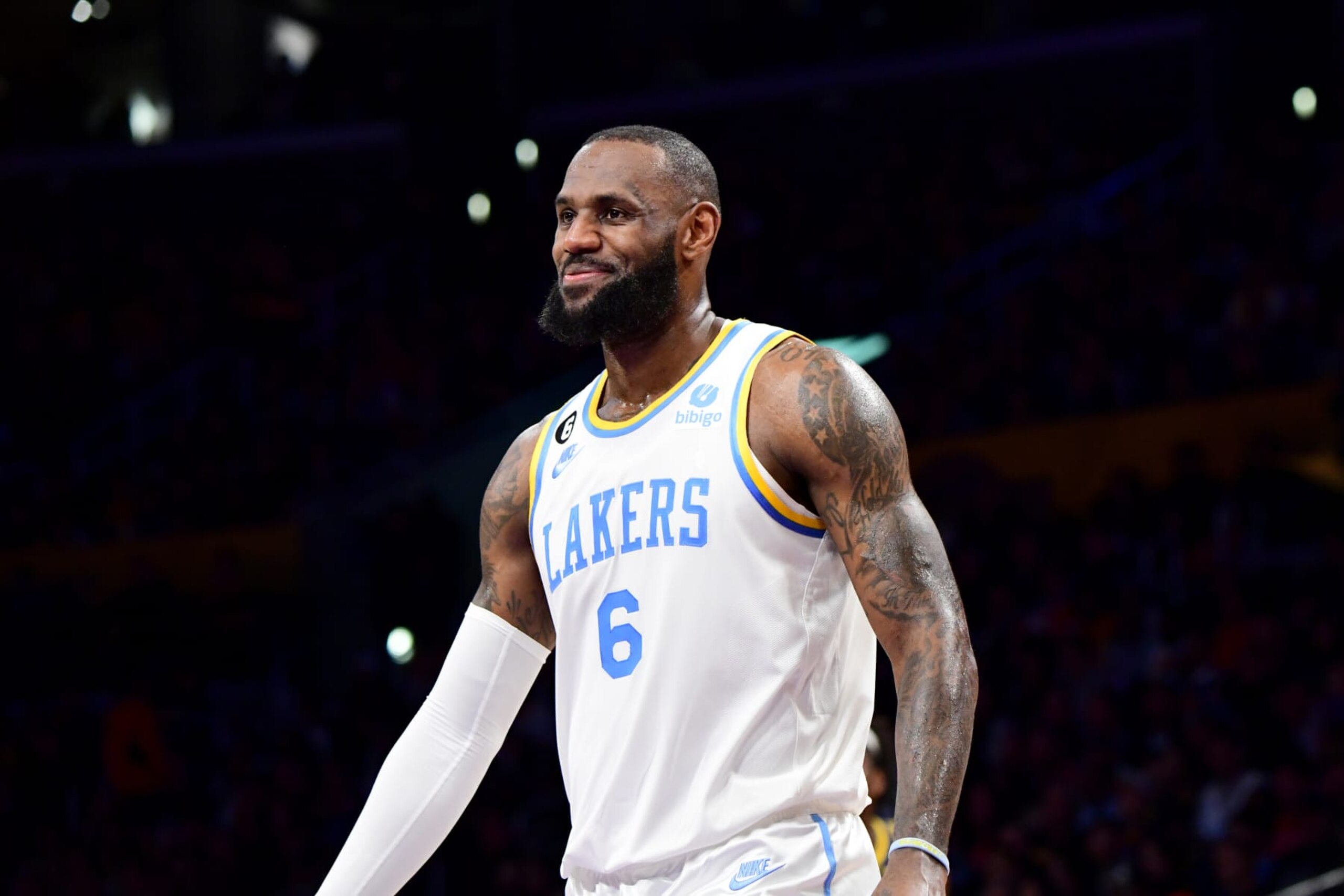 LOS ANGELES, CA - FEBRUARY 23: LeBron James #6 of the Los Angeles Lakers looks on during the game against the Golden State Warriors on February 23, 2023 at Crypto.Com Arena in Los Angeles, California. NOTE TO USER: User expressly acknowledges and agrees that, by downloading and/or using this Photograph, user is consenting to the terms and conditions of the Getty Images License Agreement. Mandatory Copyright Notice: Copyright 2023 NBAE (Photo by Adam Pantozzi/NBAE via Getty Images)