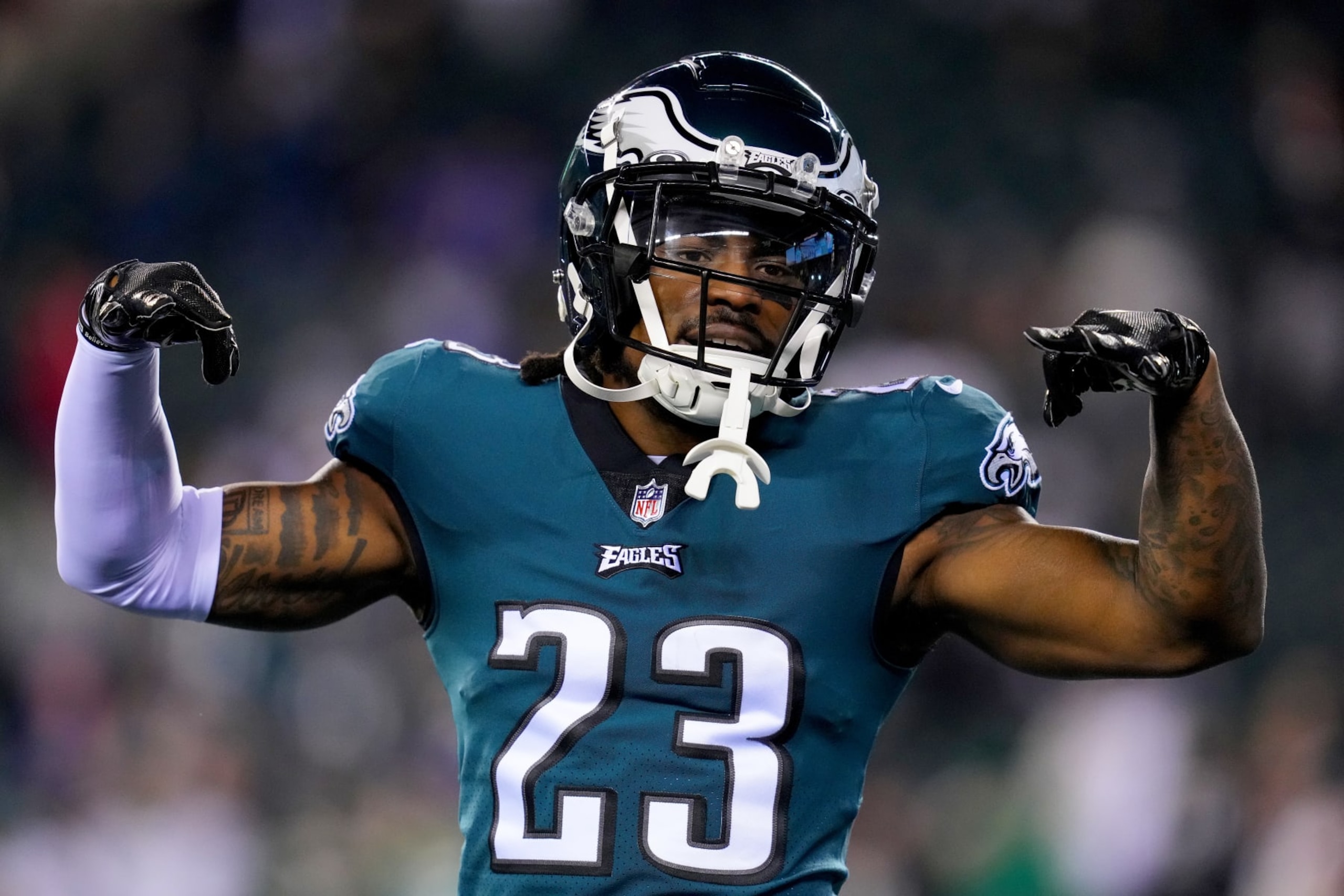 PHILADELPHIA, PENNSYLVANIA - JANUARY 21: C.J. Gardner-Johnson #23 of the Philadelphia Eagles warms up prior to a game against the New York Giants in the NFC Divisional Playoff game at Lincoln Financial Field on January 21, 2023 in Philadelphia, Pennsylvania. (Photo by Mitchell Leff/Getty Images)