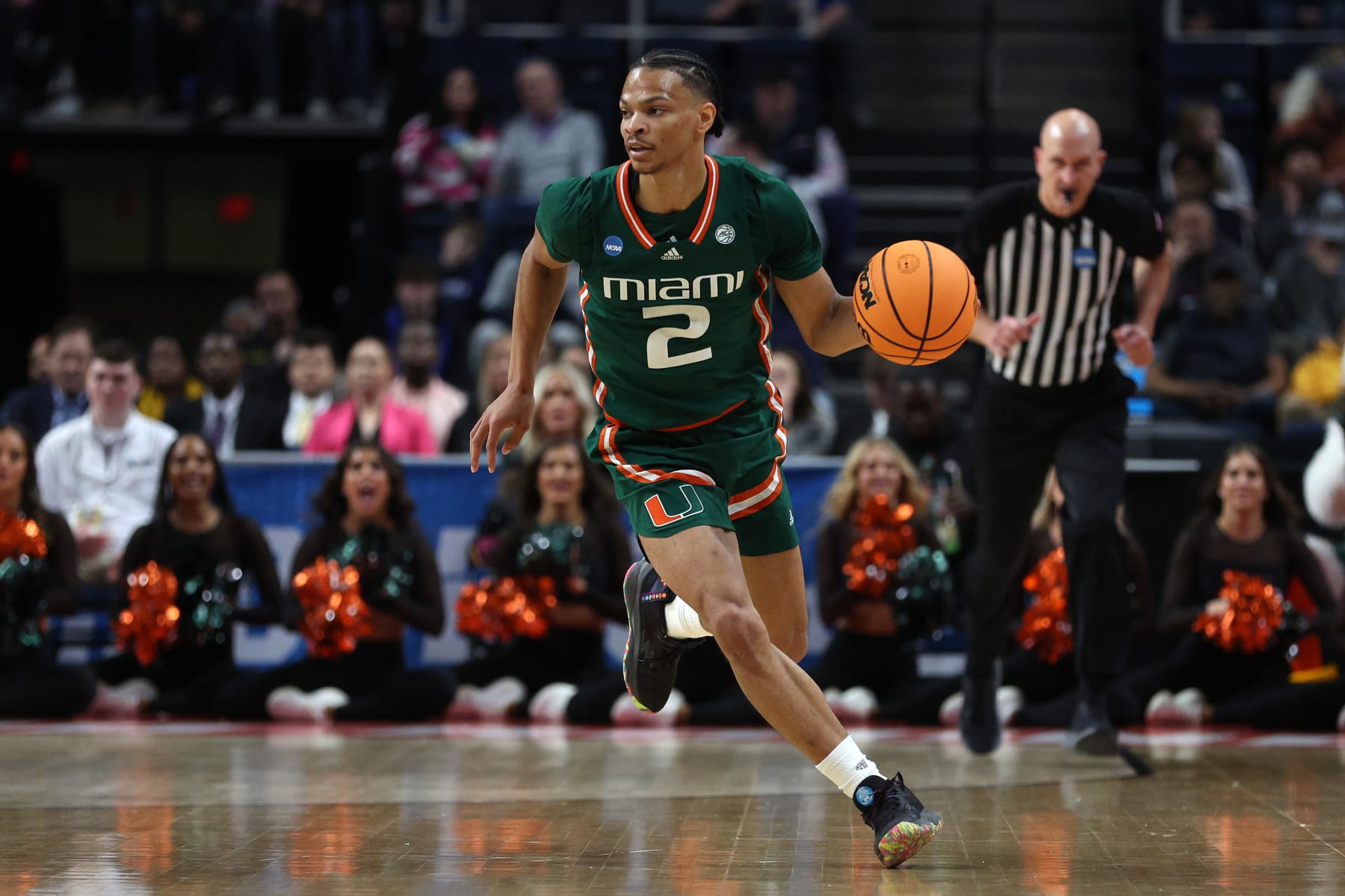ALBANY, NEW YORK - MARCH 19: Isaiah Wong #2 of the Miami Hurricanes brings the ball up court in the first half against the Indiana Hoosiers during the second round of the NCAA Men's Basketball Tournament at MVP Arena on March 19, 2023 in Albany, New York. (Photo by Rob Carr/Getty Images)