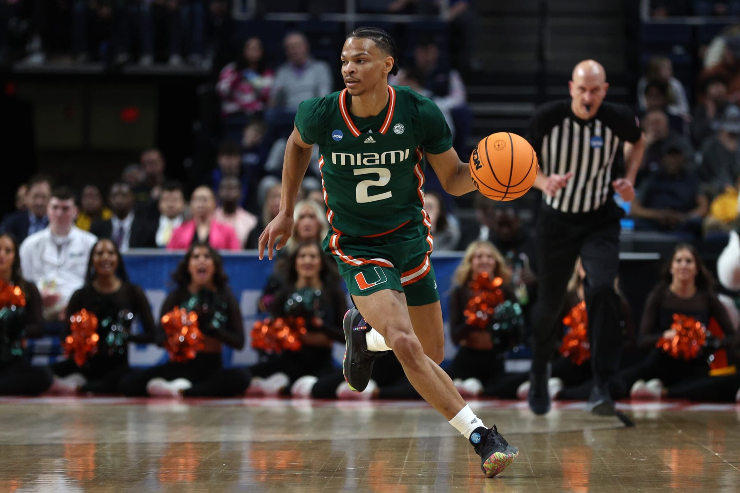 ALBANY, NEW YORK - MARCH 19: Isaiah Wong #2 of the Miami Hurricanes brings the ball up court in the first half against the Indiana Hoosiers during the second round of the NCAA Men's Basketball Tournament at MVP Arena on March 19, 2023 in Albany, New York. (Photo by Rob Carr/Getty Images)