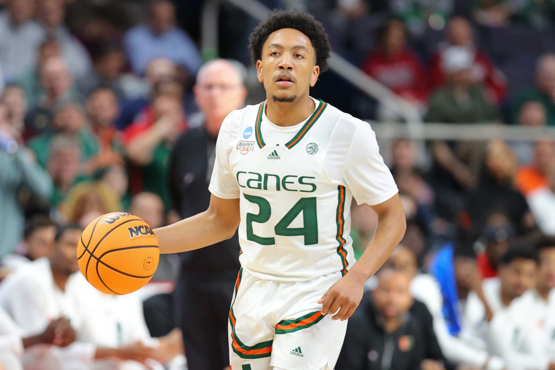 ALBANY, NY - MARCH 17: Nijel Pack #24 of the Miami Hurricanes handles the ball against the Drake Bulldogs during the first half during the first round of the 2023 NCAA Men's Basketball Tournament held at MVP Arena on March 17, 2023 in Albany, New York. (Photo by Isaiah Vazquez/NCAA Photos via Getty Images)