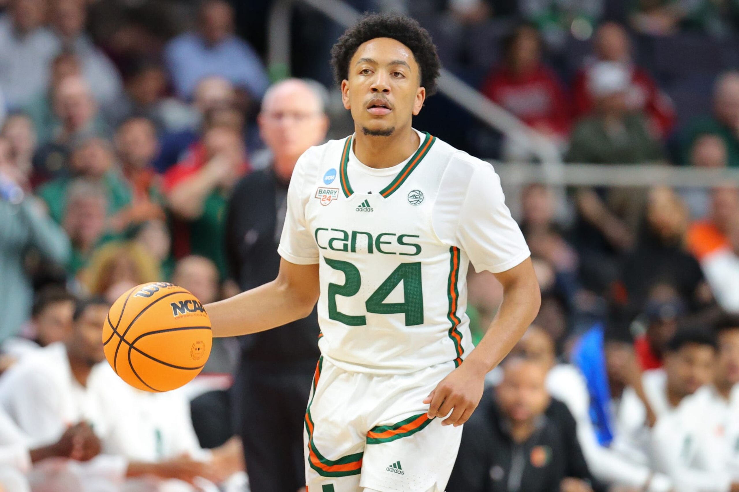 ALBANY, NY - MARCH 17: Nijel Pack #24 of the Miami Hurricanes handles the ball against the Drake Bulldogs during the first half during the first round of the 2023 NCAA Men's Basketball Tournament held at MVP Arena on March 17, 2023 in Albany, New York. (Photo by Isaiah Vazquez/NCAA Photos via Getty Images)