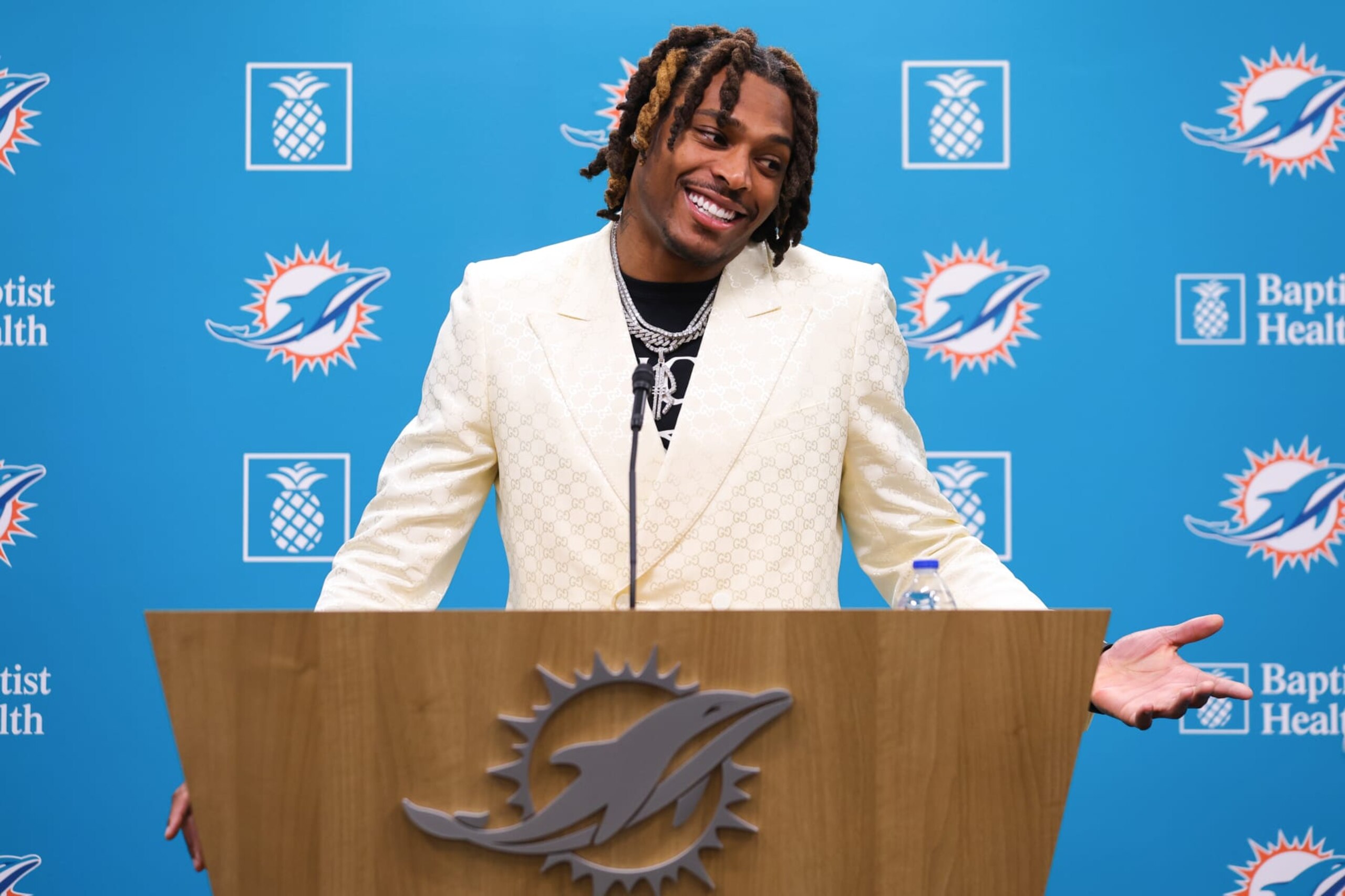 MIAMI GARDENS, FLORIDA - MARCH 16: Jalen Ramsey of the Miami Dolphins speaks to the media during a press conference where he was introduced at Baptist Health Training Complex on March 16, 2023 in Miami Gardens, Florida. (Photo by Megan Briggs/Getty Images)