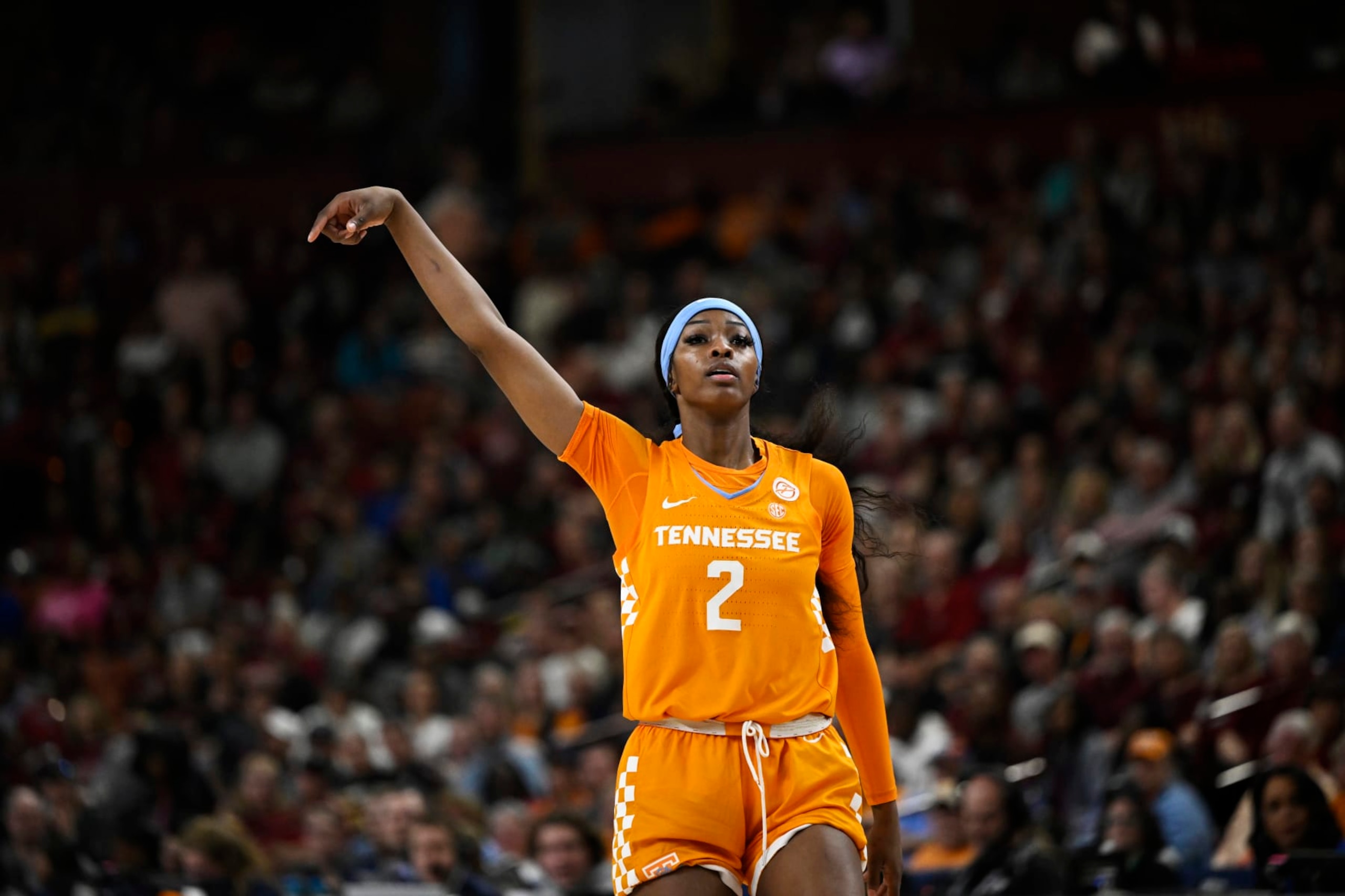 GREENVILLE, SOUTH CAROLINA - MARCH 05: Rickea Jackson #2 of the Tennessee Lady Vols hits a three point basket against the South Carolina Gamecocks in the second quarter during the championship game of the SEC Women's Basketball Tournament at Bon Secours Wellness Arena on March 05, 2023 in Greenville, South Carolina. (Photo by Eakin Howard/Getty Images)