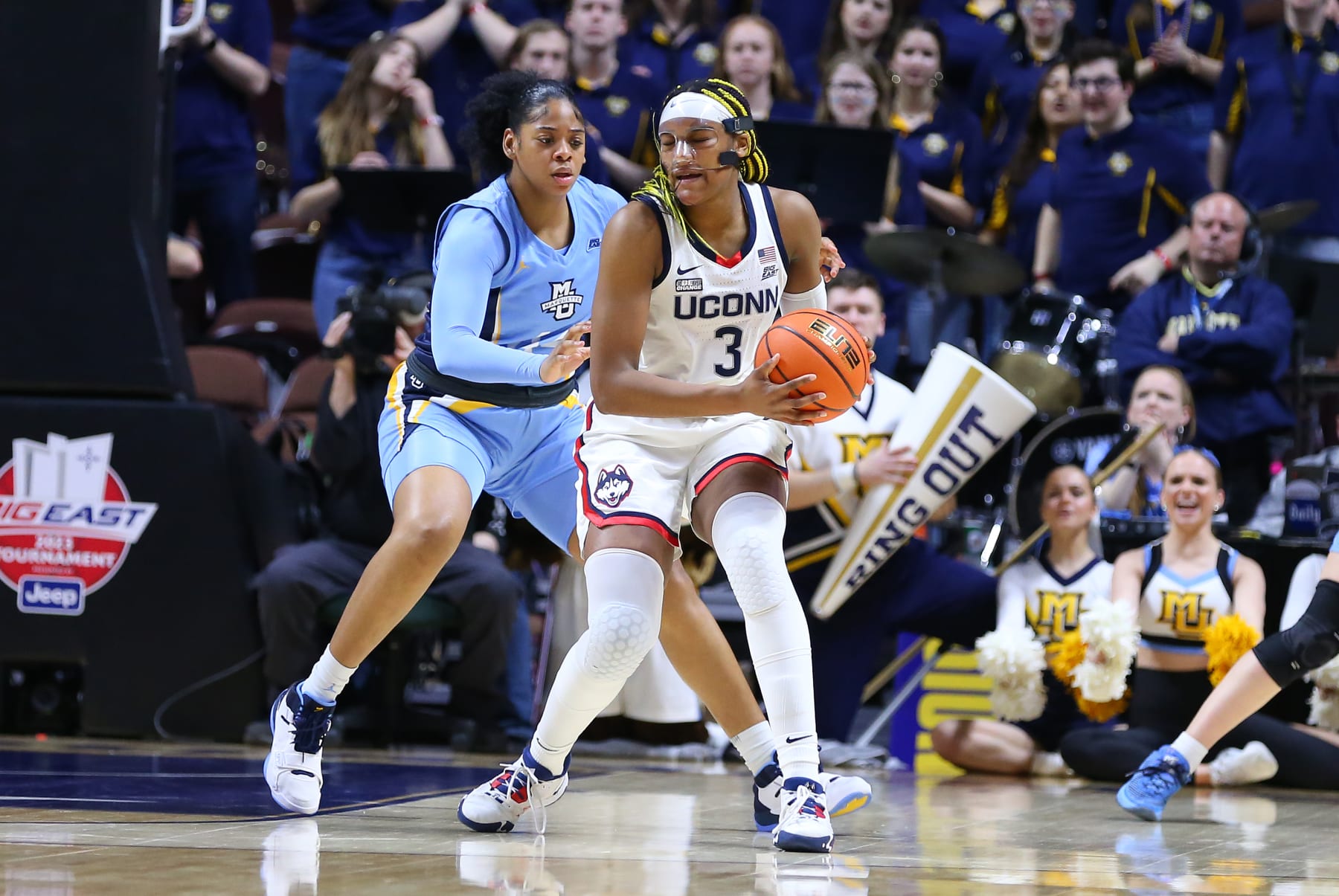 UNCASVILLE, CT - MARCH 05: UConn Huskies forward Aaliyah Edwards (3) and Marquette Golden Eagles forward Kennedi Myles (44) in action during the Big East Women's Basketball Tournament game between Marquette Golden Eagles and UConn Huskies on March 5, 2023, at Mohegan Sun Arena in Uncasville, CT. (Photo by M. Anthony Nesmith/Icon Sportswire via Getty Images)