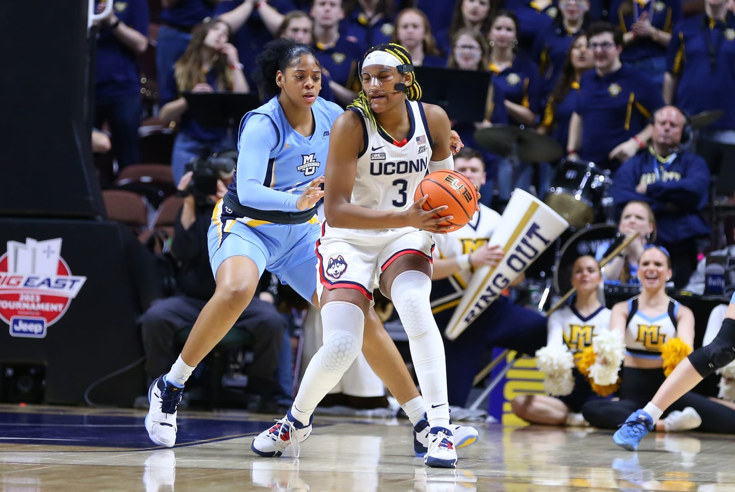 UNCASVILLE, CT - MARCH 05: UConn Huskies forward Aaliyah Edwards (3) and Marquette Golden Eagles forward Kennedi Myles (44) in action during the Big East Women's Basketball Tournament game between Marquette Golden Eagles and UConn Huskies on March 5, 2023, at Mohegan Sun Arena in Uncasville, CT. (Photo by M. Anthony Nesmith/Icon Sportswire via Getty Images)