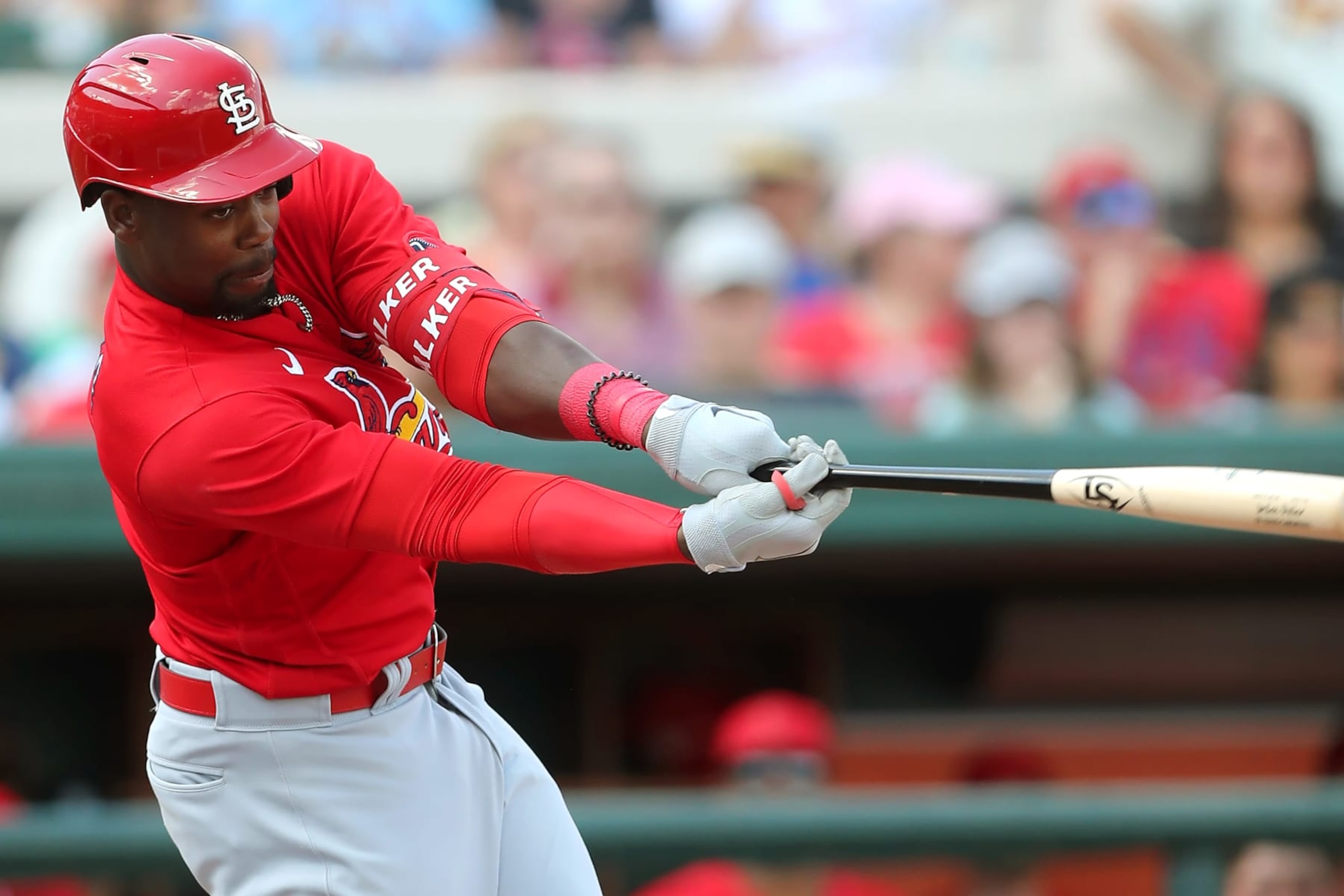 LAKELAND, FL - MARCH 07: St. Louis Cardinals Outfielder Jordan Walker (67) at bat during the spring training game between the St. Louis Cardinals and the Detroit Tigers on March 07, 2023 at Publix Field at Joker Marchant Stadium in Lakeland, FL. (Photo by Cliff Welch/Icon Sportswire via Getty Images)