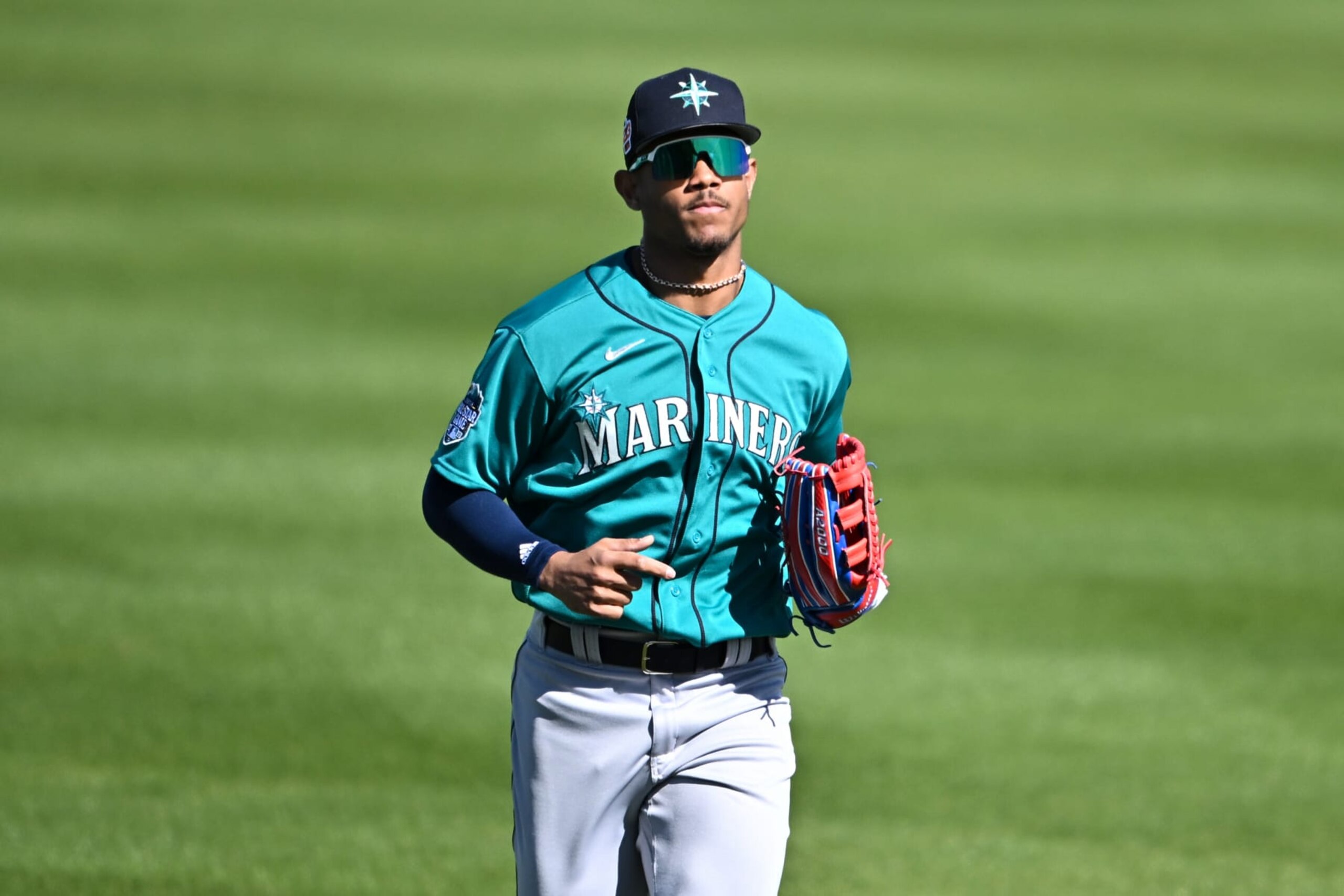 PEORIA, ARIZONA - FEBRUARY 24, 2023: Julio Rodríguez #44 of the Seattle Mariners runs off the field after the fourth inning of a spring training game against the San Diego Padres at Peoria Stadium on February 24, 2023 in Peoria, Arizona. (Photo by Chris Bernacchi/Diamond Images via Getty Images)