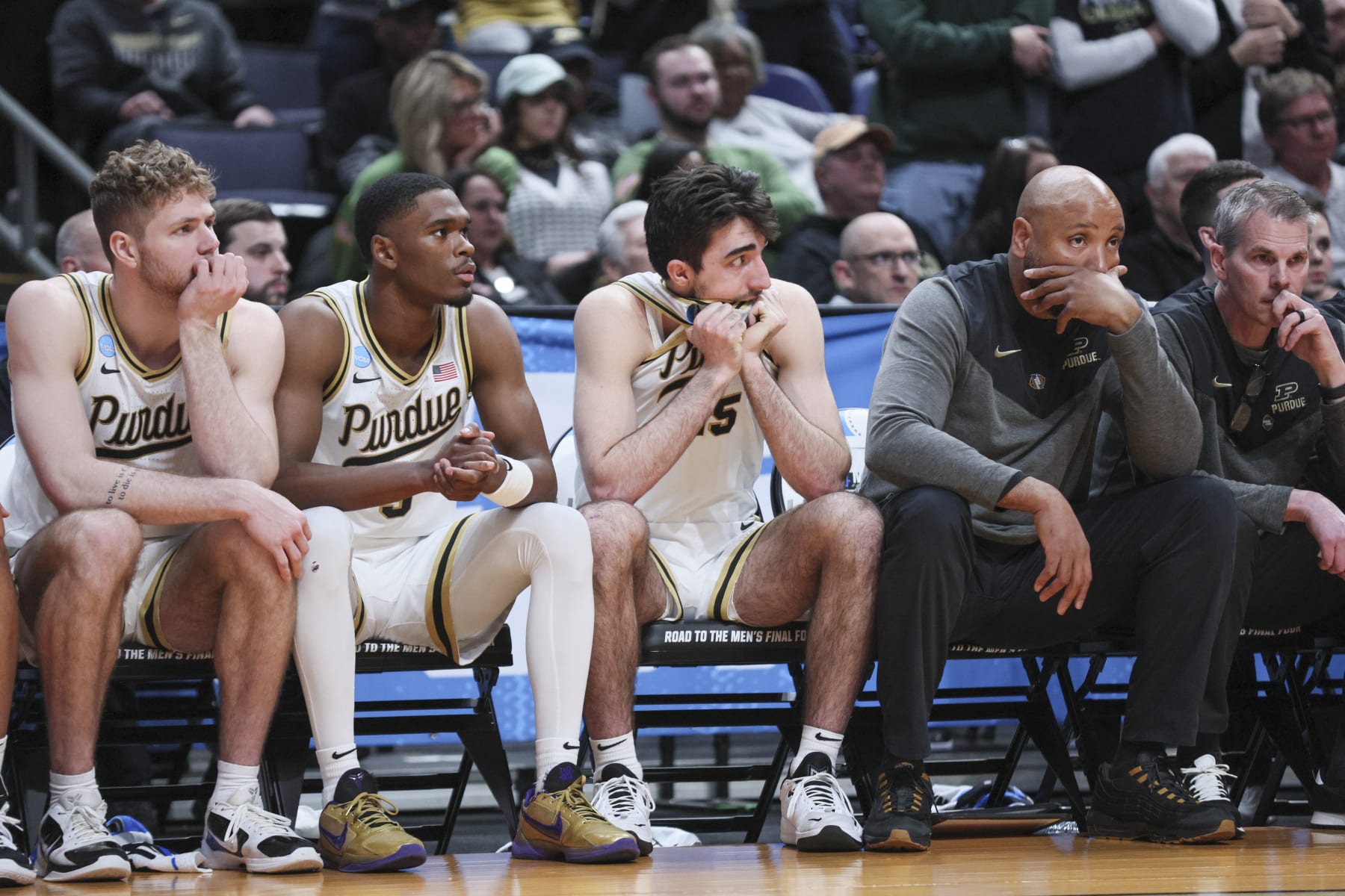 COLUMBUS, OHIO - MARCH 17: The Purdue Boilermakers bench reacts during the second half of a game against the Fairleigh Dickinson Knights in the first round of the NCAA Men's Basketball Tournament at Nationwide Arena on March 17, 2023 in Columbus, Ohio. (Photo by Andy Lyons/Getty Images)