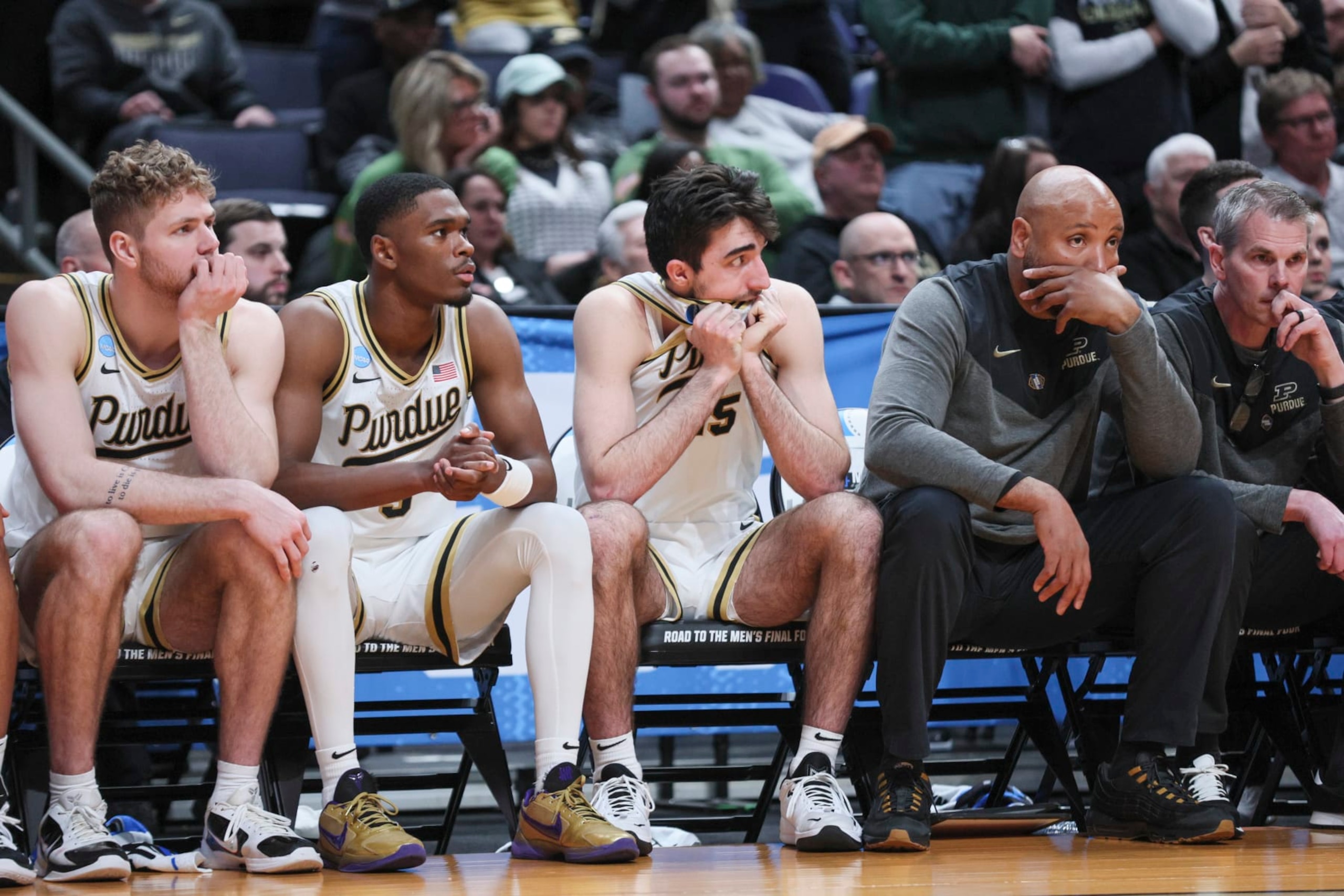 COLUMBUS, OHIO - MARCH 17: The Purdue Boilermakers bench reacts during the second half of a game against the Fairleigh Dickinson Knights in the first round of the NCAA Men's Basketball Tournament at Nationwide Arena on March 17, 2023 in Columbus, Ohio. (Photo by Andy Lyons/Getty Images)