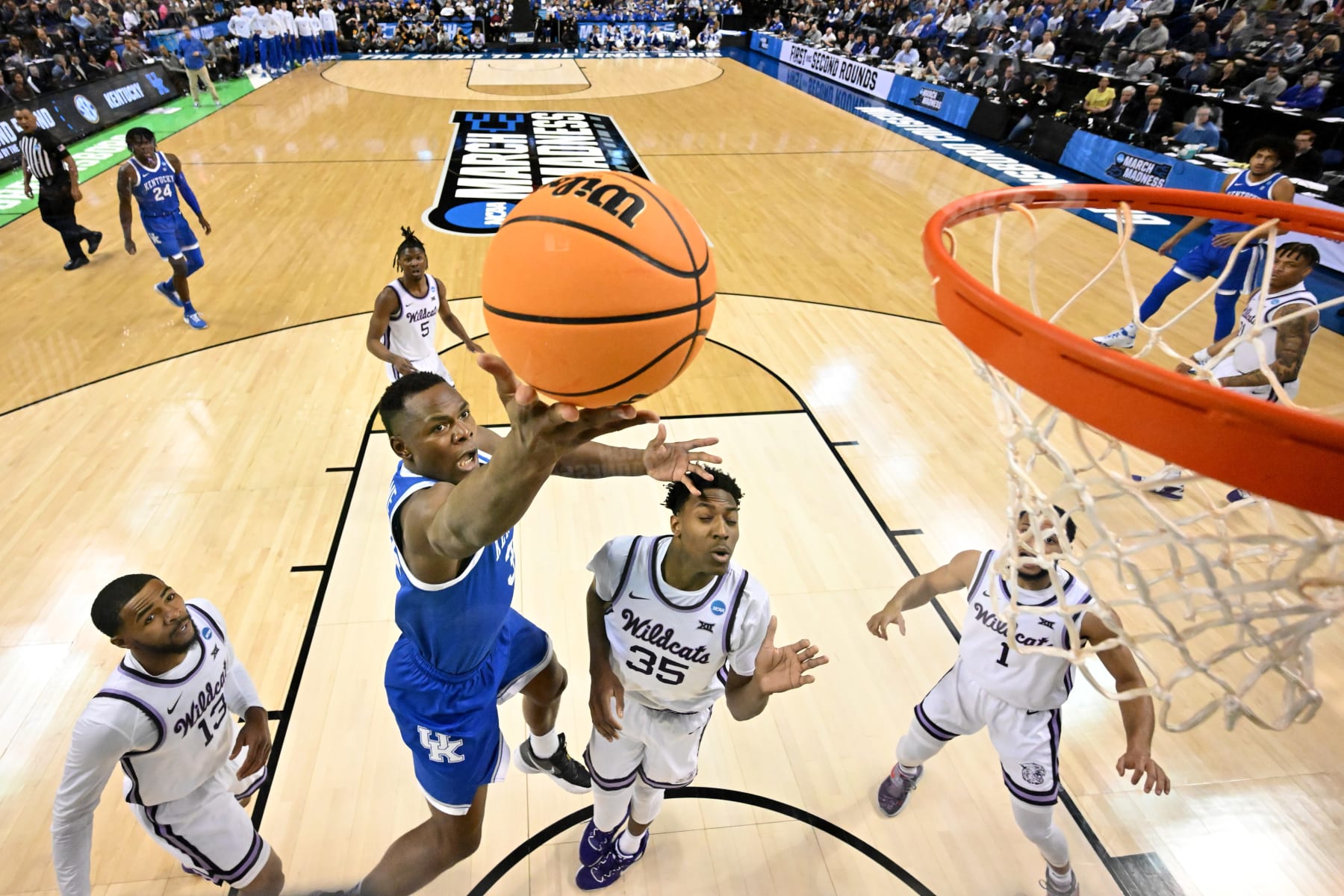 GREENSBORO, NC - MARCH 19: Oscar Tshiebwe #34 of the Kentucky Wildcats puts up a shot against the Kansas State Wildcats during the second round of the 2023 NCAA Men's Basketball Tournament held at Greensboro Coliseum on March 19, 2023 in Greensboro, North Carolina. (Photo by Grant Halverson/NCAA Photos via Getty Images)
