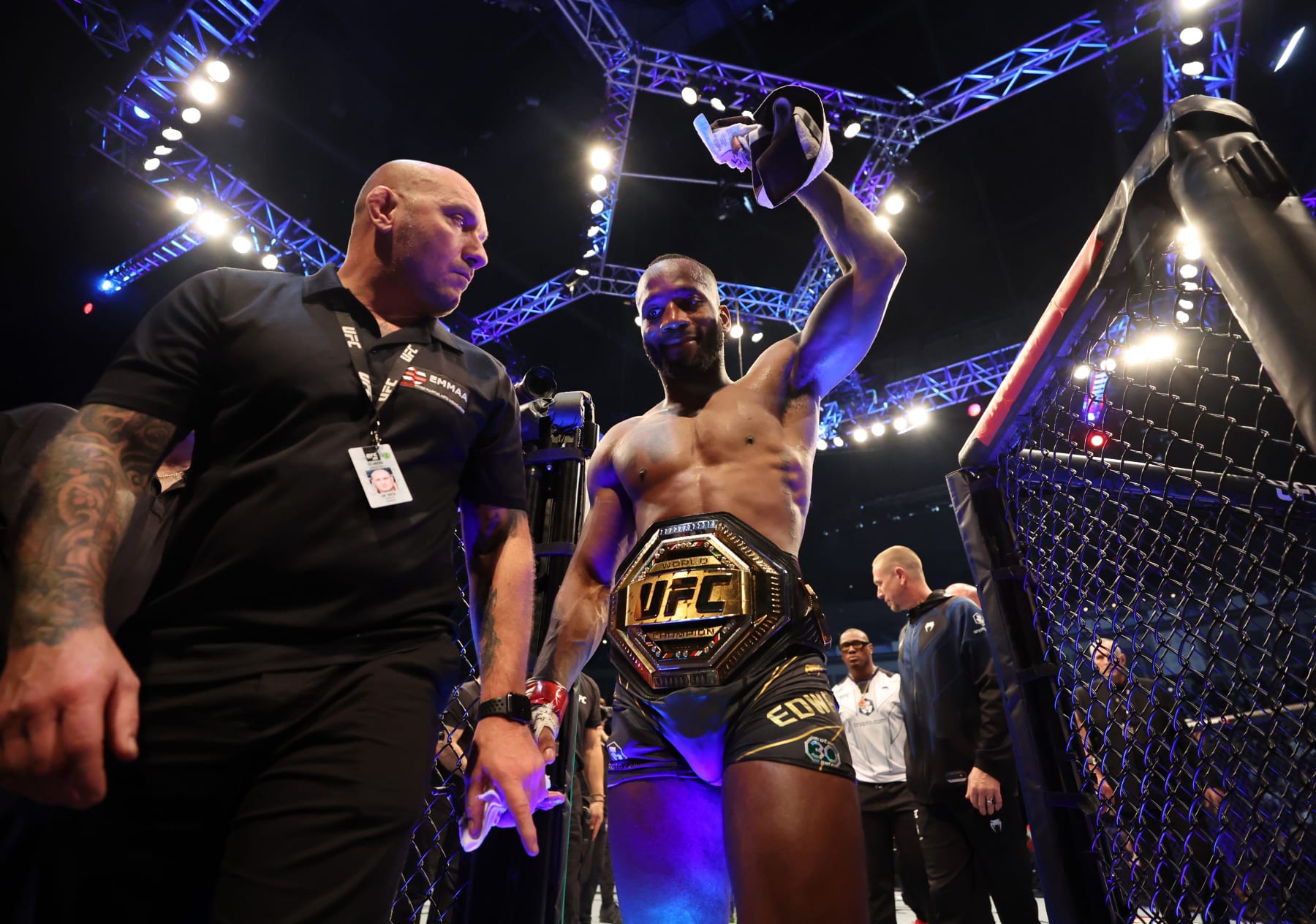 LONDON, ENGLAND - MARCH 18:  Leon Edwards leaves the ring wearing the belt after winning the Welterweight Title Bout between Leon Edwards and Kamaru Usman at The O2 Arena on March 18, 2023 in London, England. (Photo by Catherine Ivill/Getty Images)