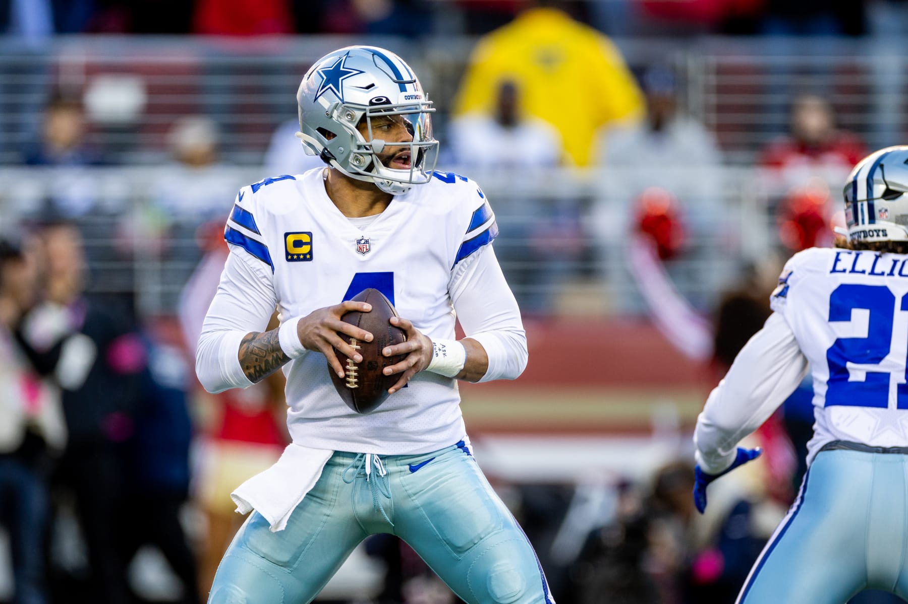SANTA CLARA, CA - JANUARY 22: Dallas Cowboys quarterback Dak Prescott (4) drops back to pass during the NFL NFC Divisional Playoff game between the Dallas Cowboys and San Francisco 49ers at Levis Stadium in Santa Clara, CA. (Photo by Bob Kupbens/Icon Sportswire via Getty Images)