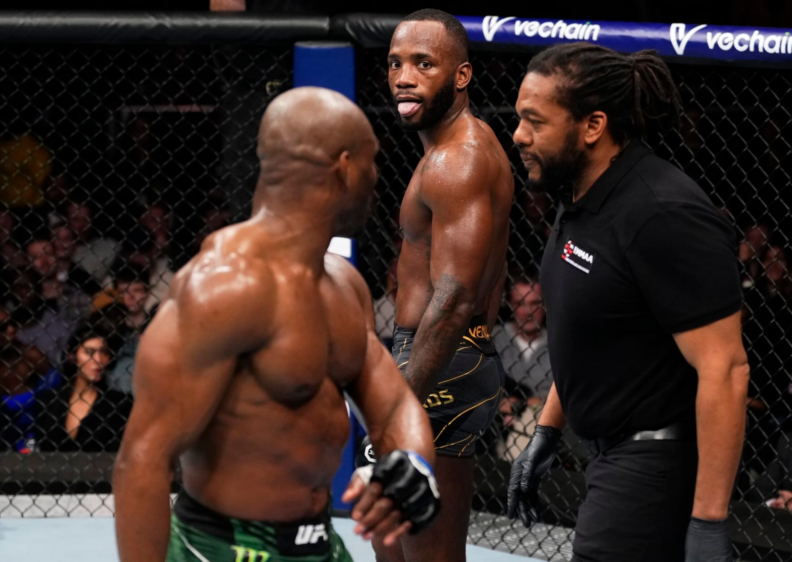 Leon Edwards taunts Kamaru Usman. 