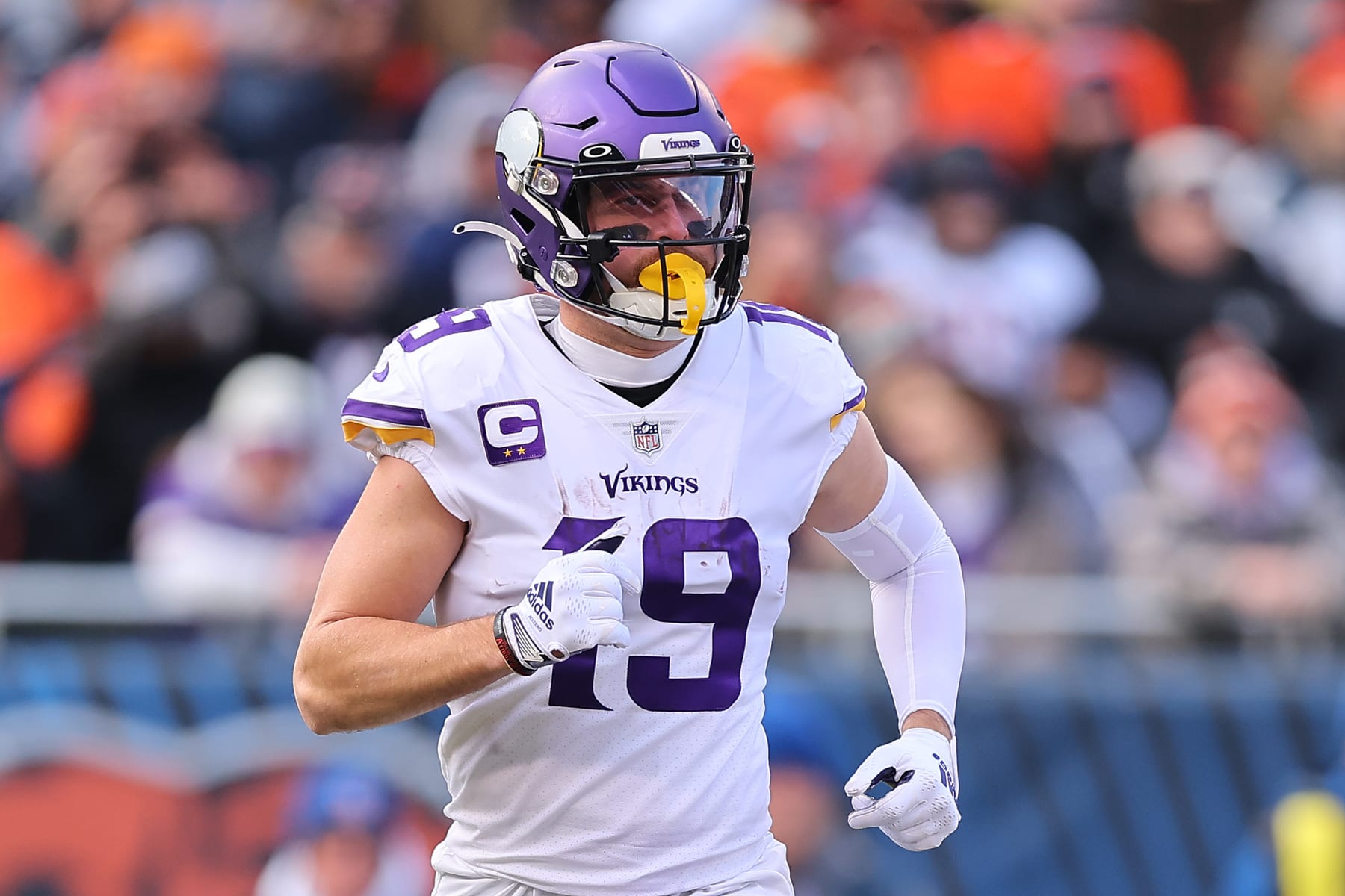 CHICAGO, ILLINOIS - JANUARY 08: Adam Thielen #19 of the Minnesota Vikings looks on against the Chicago Bears at Soldier Field on January 08, 2023 in Chicago, Illinois. (Photo by Michael Reaves/Getty Images)