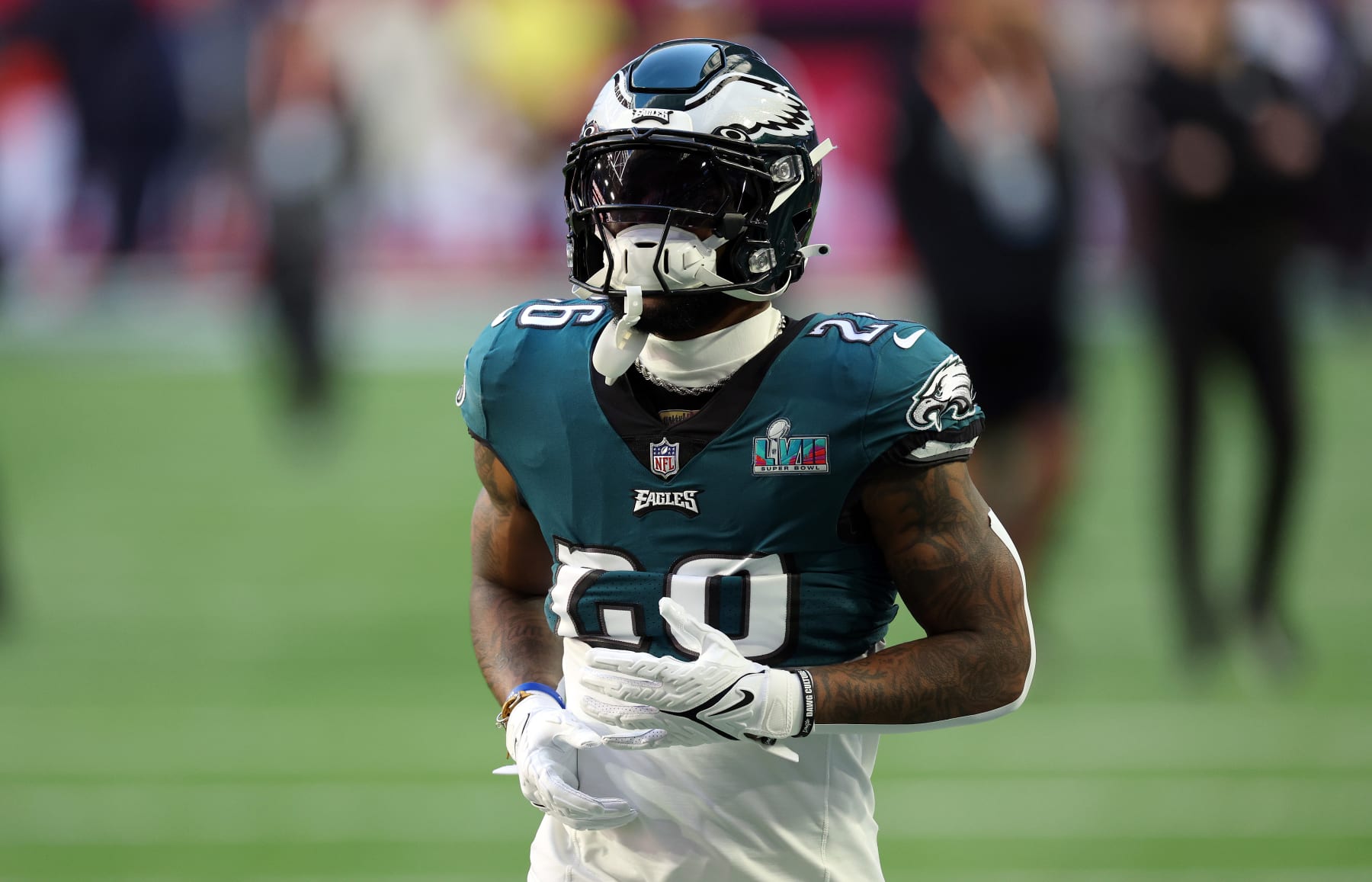 GLENDALE, ARIZONA - FEBRUARY 12: Miles Sanders #26 of the Philadelphia Eagles warms up before playing against the Kansas City Chiefs in Super Bowl LVII at State Farm Stadium on February 12, 2023 in Glendale, Arizona. (Photo by Ezra Shaw/Getty Images)
