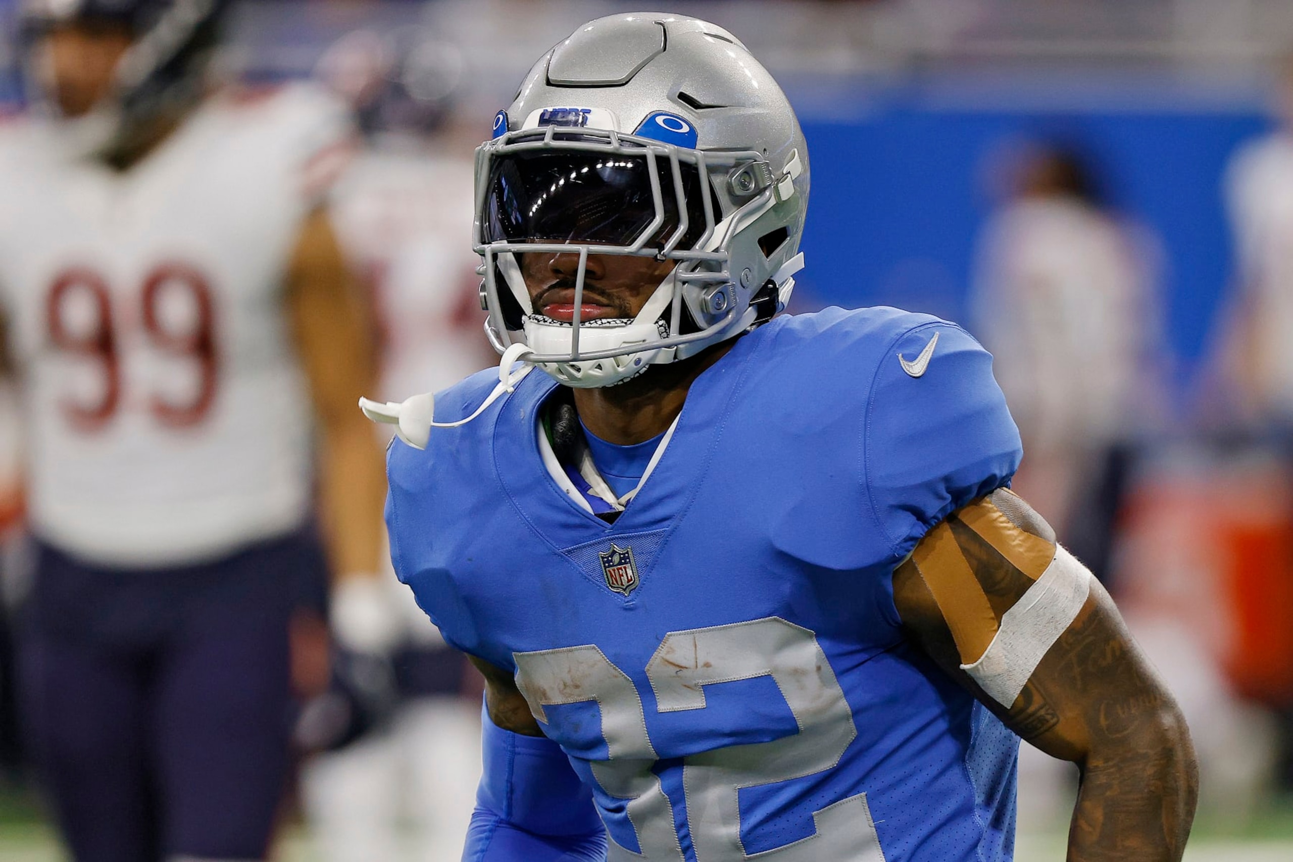 DETROIT, MICHIGAN - JANUARY 01: D'Andre Swift #32 of the Detroit Lions runs off the field in the second half of a game against the Chicago Bears at Ford Field on January 01, 2023 in Detroit, Michigan. (Photo by Mike Mulholland/Getty Images)