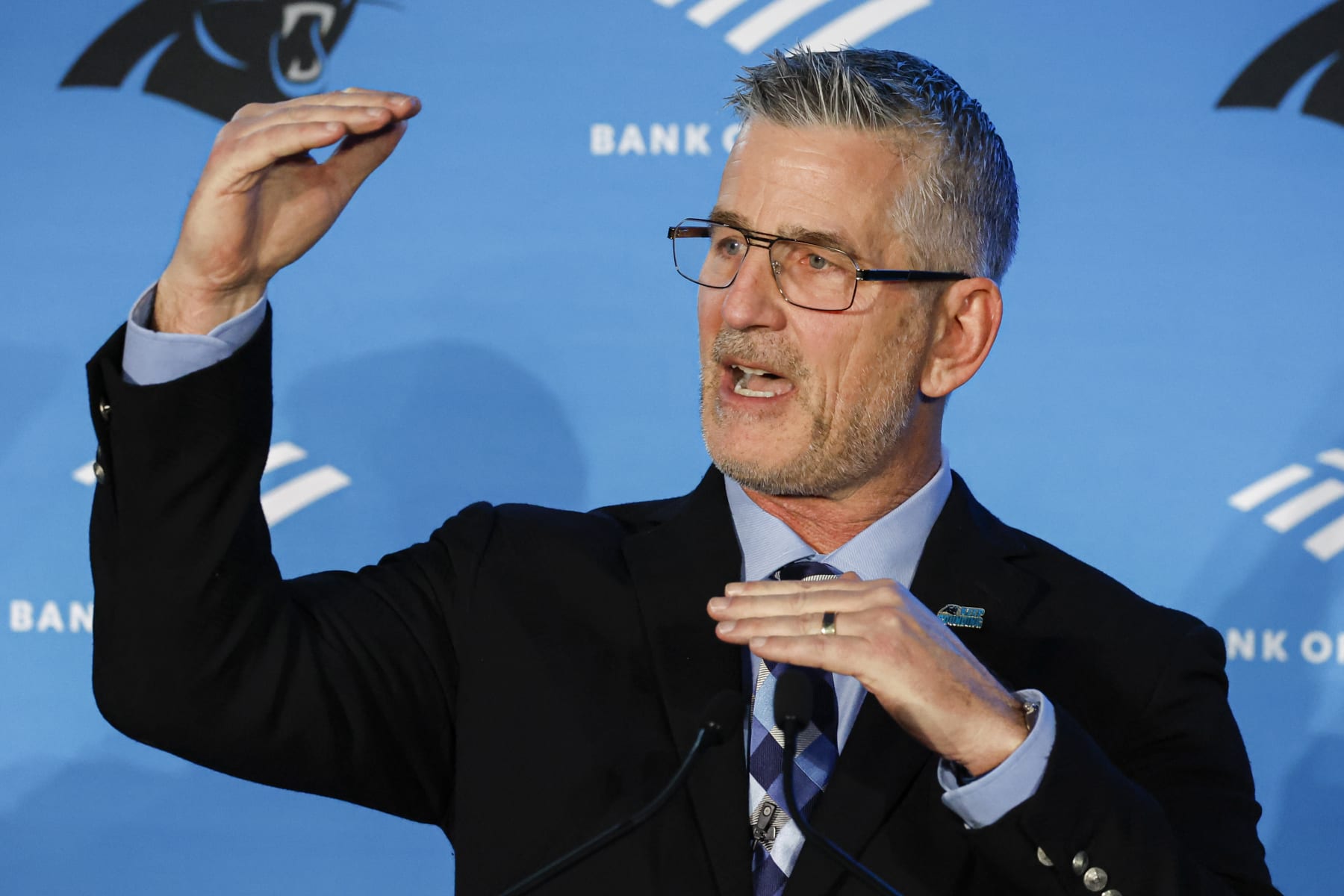 Carolina Panthers head coach Frank Reich answers a question during a news conference introducing him as the NFL football team's new head coach in Charlotte, N.C., Tuesday, Jan. 31, 2023. (AP Photo/Nell Redmond)