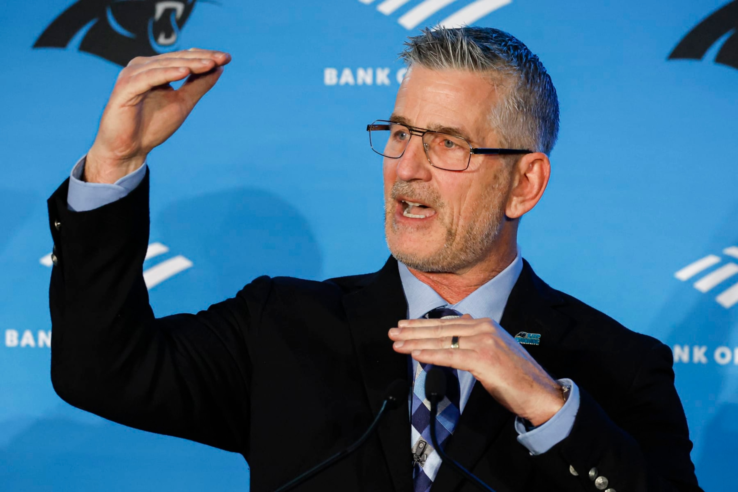 Carolina Panthers head coach Frank Reich answers a question during a news conference introducing him as the NFL football team's new head coach in Charlotte, N.C., Tuesday, Jan. 31, 2023. (AP Photo/Nell Redmond)