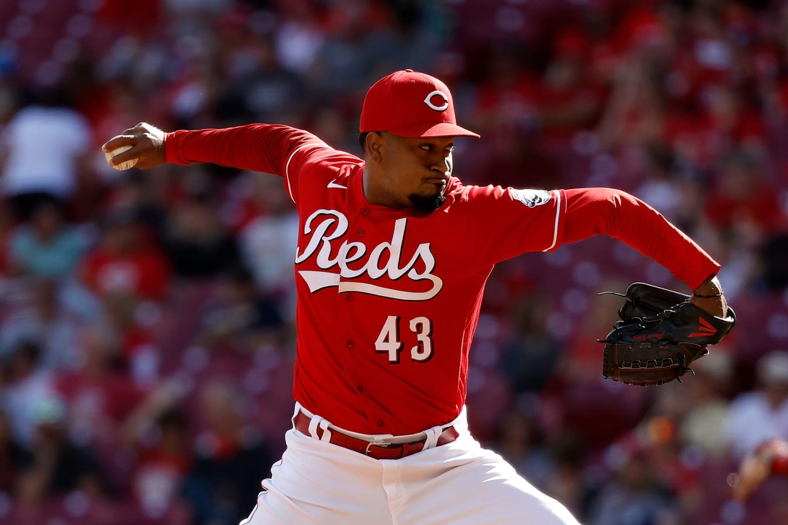 CINCINNATI, OH - SEPTEMBER 25:  Alexis Diaz #43 of the Cincinnati Reds pitches during the game against the Milwaukee Brewers at Great American Ball Park on September 25, 2022 in Cincinnati, Ohio. Cincinnati defeated Milwaukee 2-1. (Photo by Kirk Irwin/Getty Images)