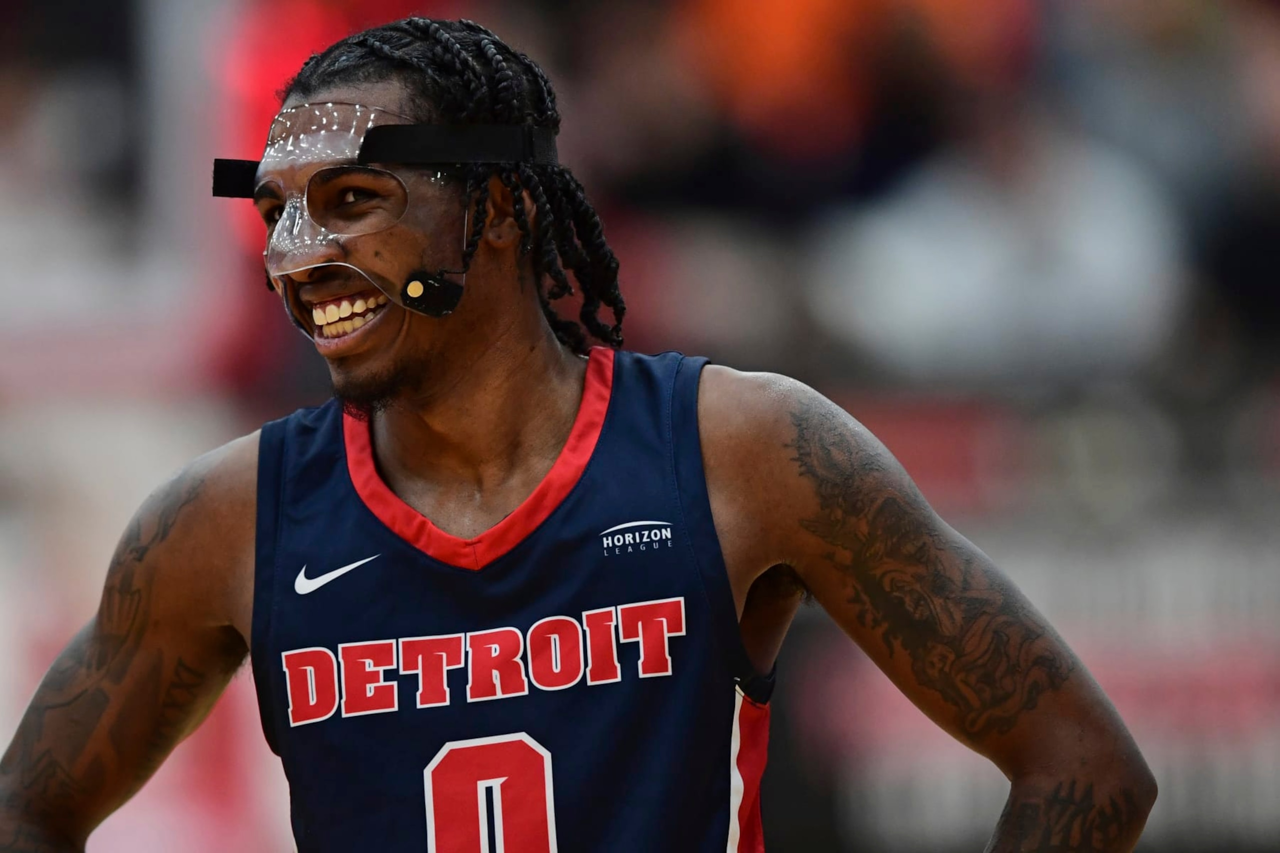 Detroit Mercy guard Antoine Davis smiles during the second half of an NCAA college basketball game in the quarterfinals of the Horizon League tournament against Youngstown State, Thursday, March 2, 2023, in Youngstown, Ohio.(AP Photo/David Dermer)