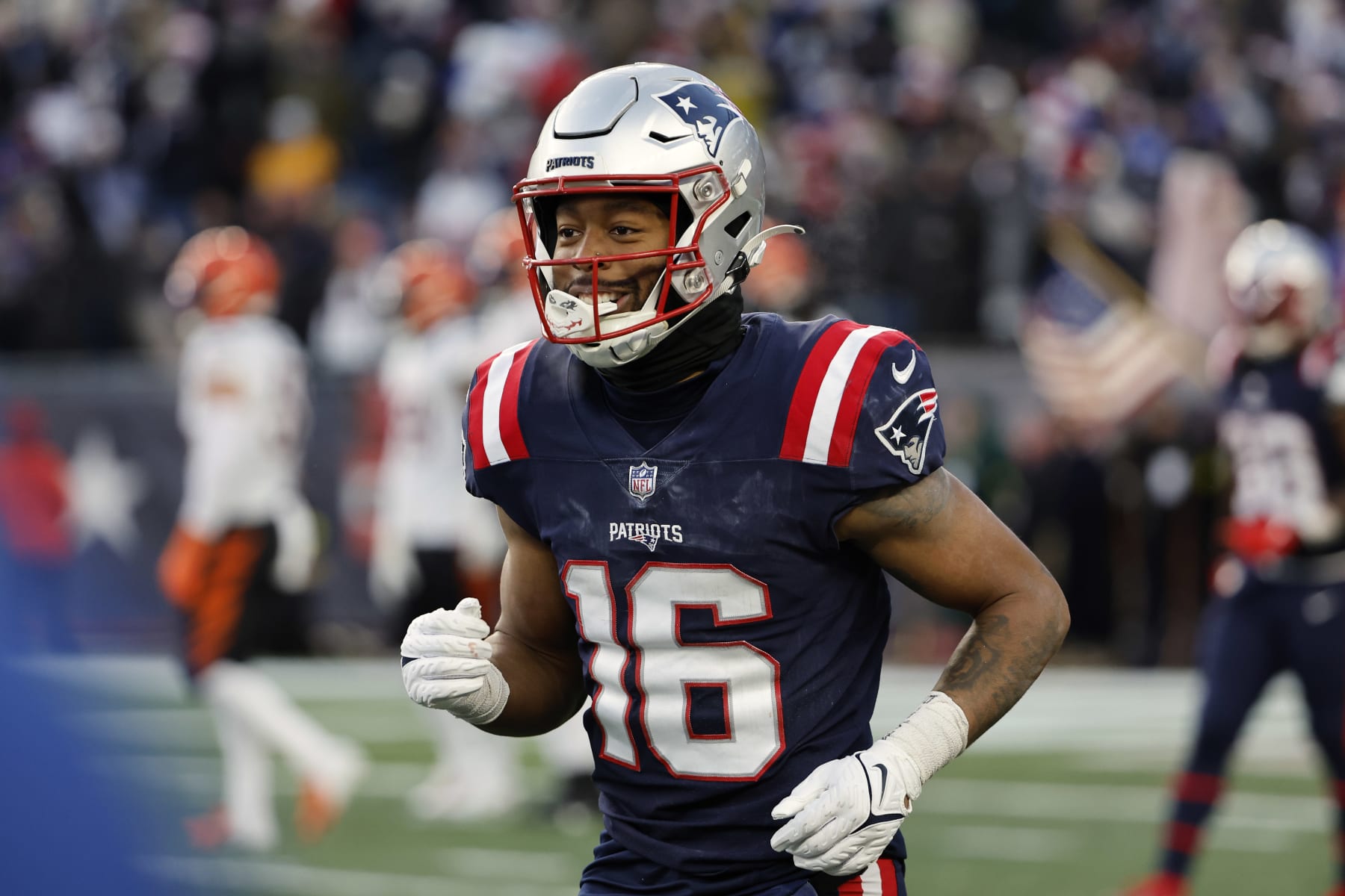 FOXBOROUGH, MA - DECEMBER 24: Jakobi Meyers #16 of the New England Patriots smiles after catching a touchdown pass against the Cincinnati Bengals during the game at Gillette Stadium on December 24, 2022 in Foxborough, Massachusetts.(Photo By Winslow Townson/Getty Images)