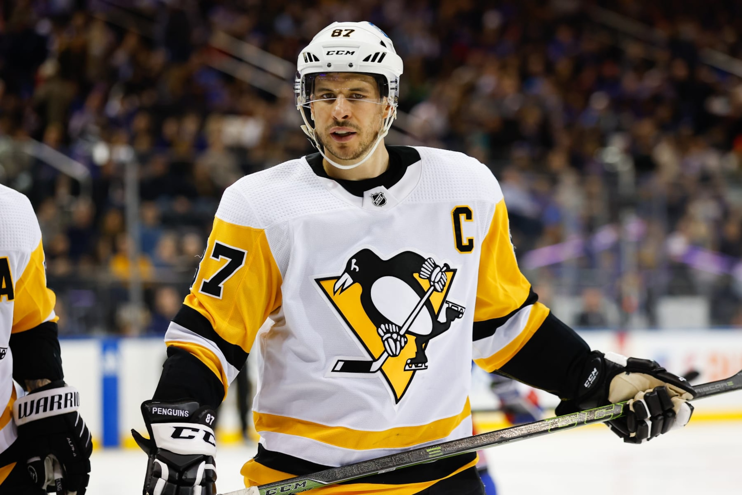 NEW YORK, NY - MARCH 18: Sidney Crosby #87 of the Pittsburgh Penguins looks on during the second period of the game against the New York Rangers on March 18, 2023 at Madison Square Garden in New York, New York.  (Photo by Rich Graessle/Getty Images)