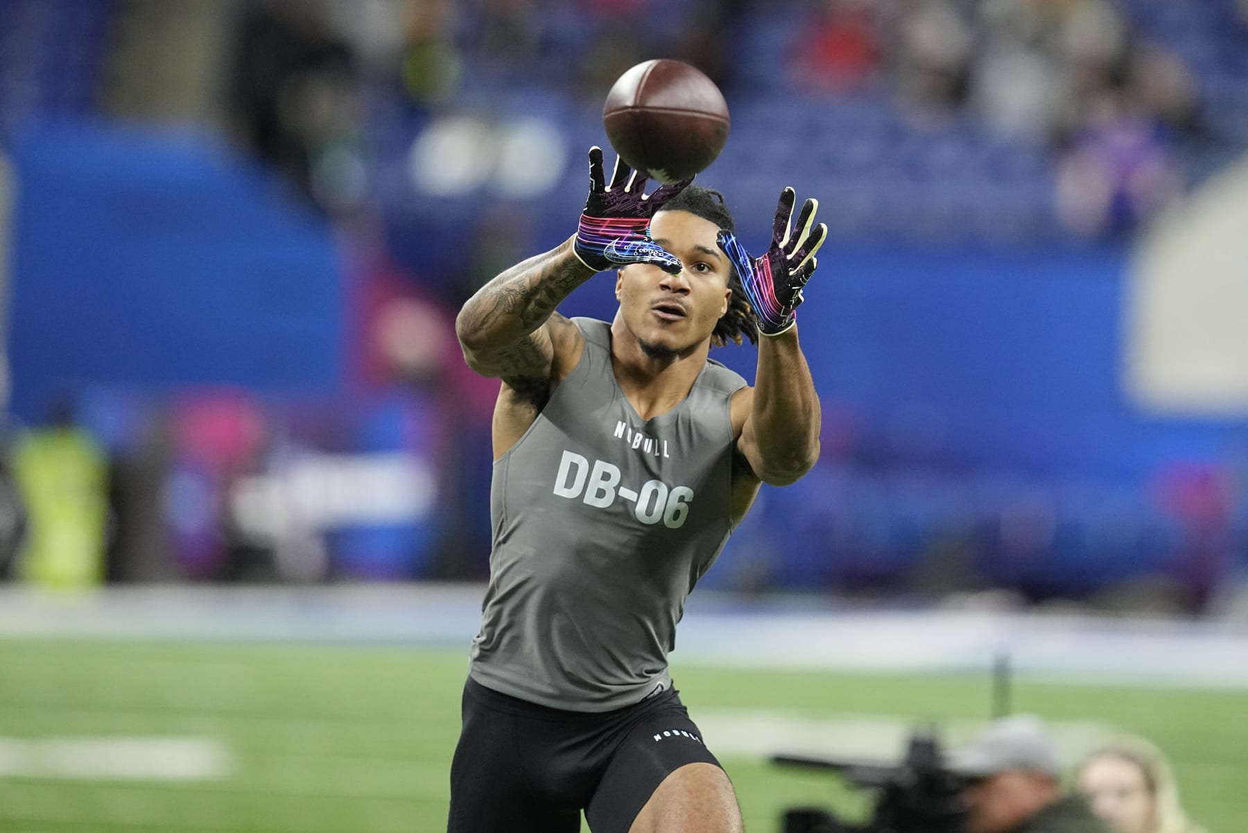Alabama defensive back Brian Branch runs a drill at the NFL football scouting combine in Indianapolis, Friday, March 3, 2023. (AP Photo/Darron Cummings)