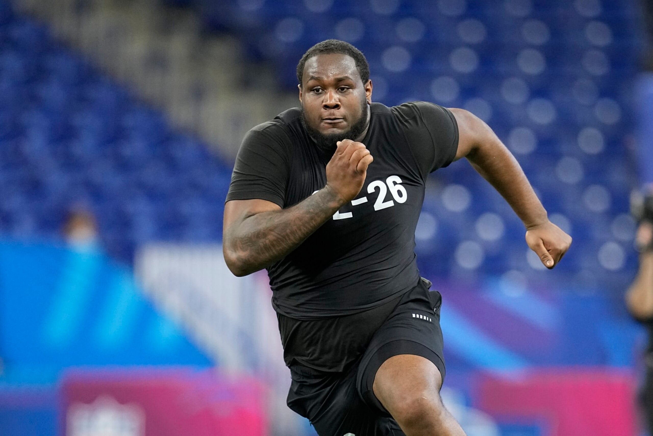 Ohio State offensive lineman Dawand Jones runs a drill at the NFL football scouting combine in Indianapolis, Sunday, March 5, 2023. (AP Photo/Darron Cummings) Ohio State offensive lineman Dawand Jones runs a drill at the NFL football scouting combine in Indianapolis, Sunday, March 5, 2023. (AP Photo/Darron Cummings)