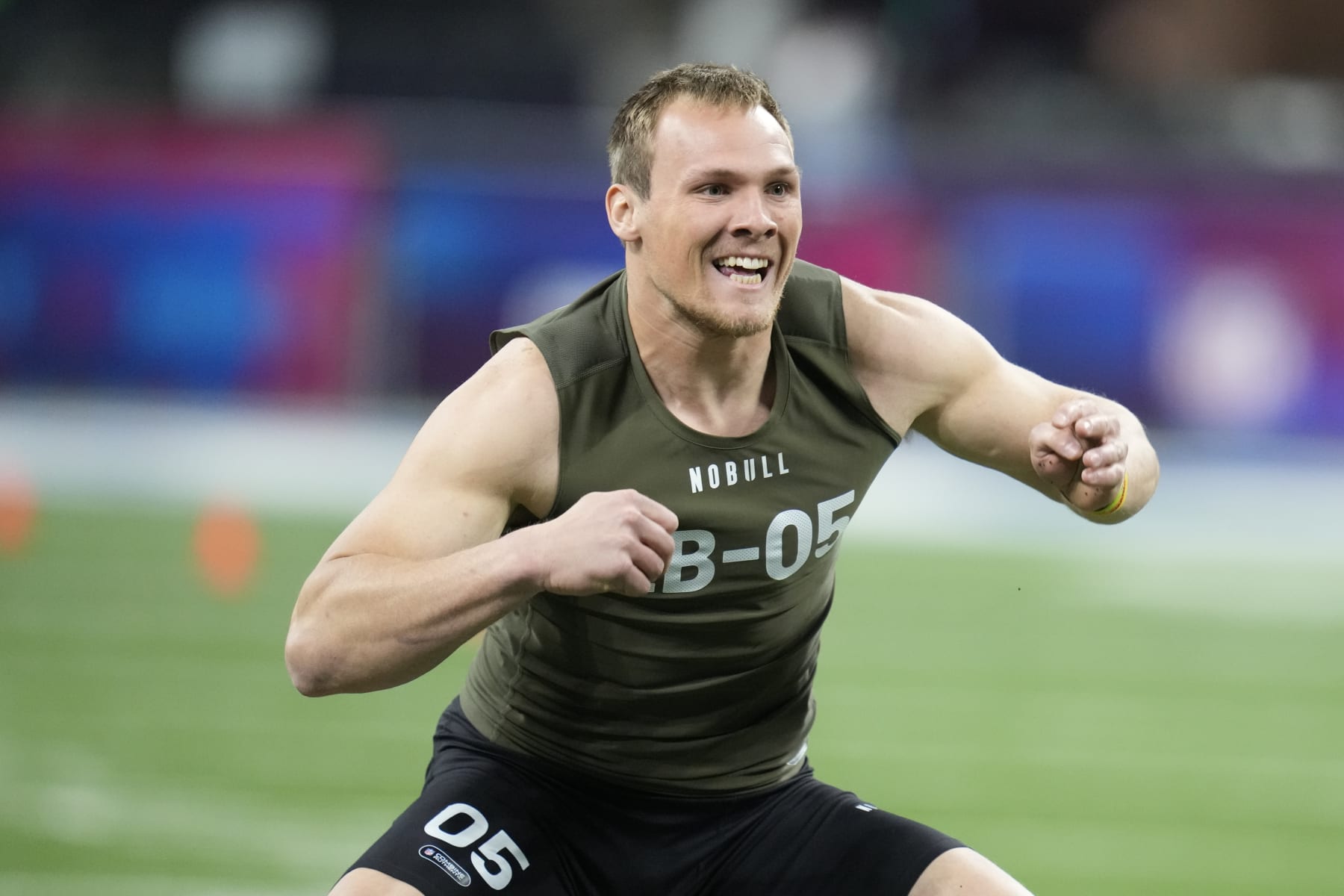 Iowa linebacker Jack Campbell runs a drill at the NFL football scouting combine in Indianapolis, Thursday, March 2, 2023. (AP Photo/Michael Conroy)