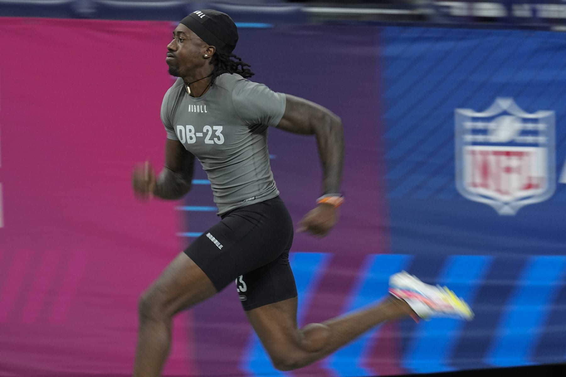 Penn State defensive back Joey Porter runs the 40-yard dash at the NFL football scouting combine in Indianapolis, Friday, March 3, 2023. (AP Photo/Darron Cummings)