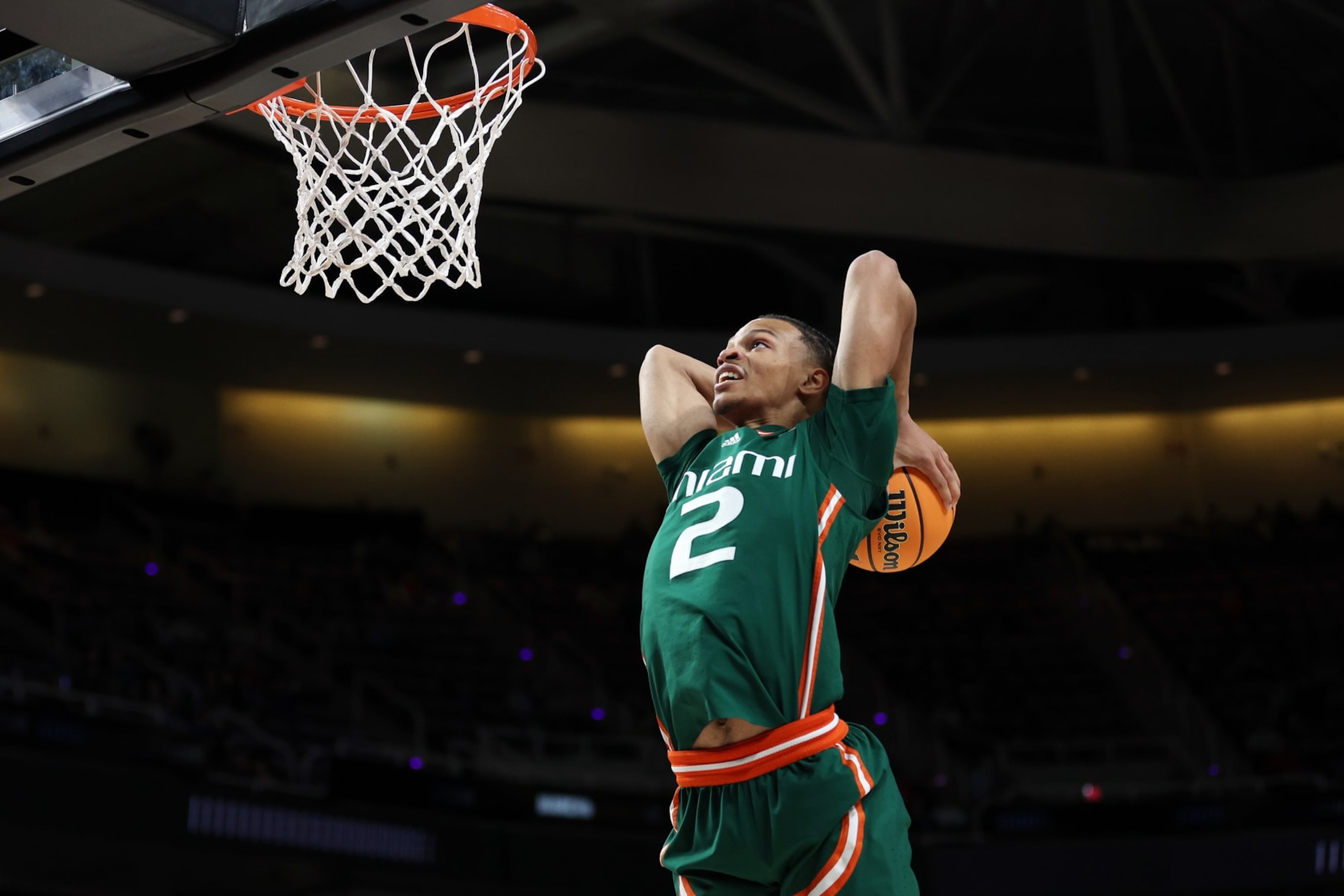ALBANY, NEW YORK - MARCH 19: Isaiah Wong #2 of the Miami Hurricanes goes up for a dunk in the second half against the Indiana Hoosiers during the second round of the NCAA Men's Basketball Tournament at MVP Arena on March 19, 2023 in Albany, New York. (Photo by Patrick Smith/Getty Images)