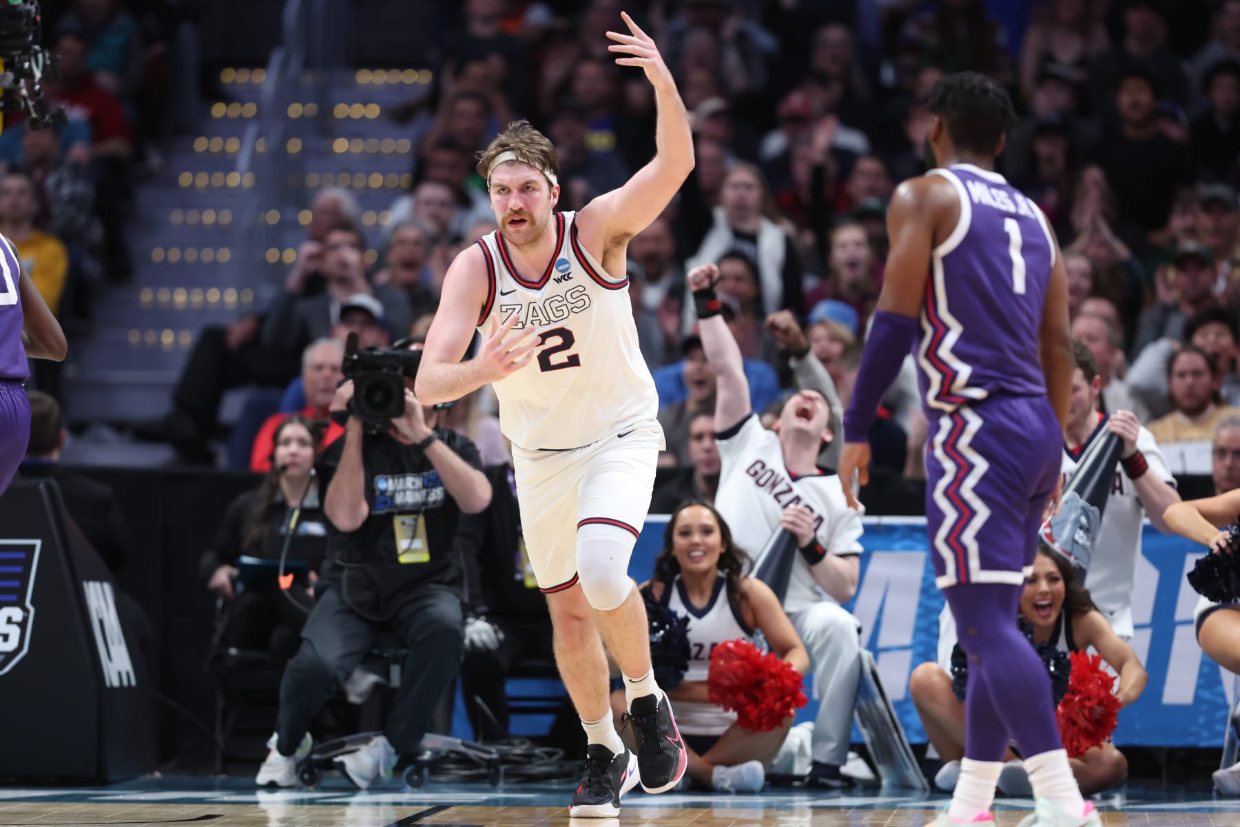DENVER, COLORADO - MARCH 19: Drew Timme #2 of the Gonzaga Bulldogs reacts after a score during the second half against the TCU Horned Frogs in the second round of the NCAA Men's Basketball Tournament at Ball Arena on March 19, 2023 in Denver, Colorado. (Photo by Sean M. Haffey/Getty Images)