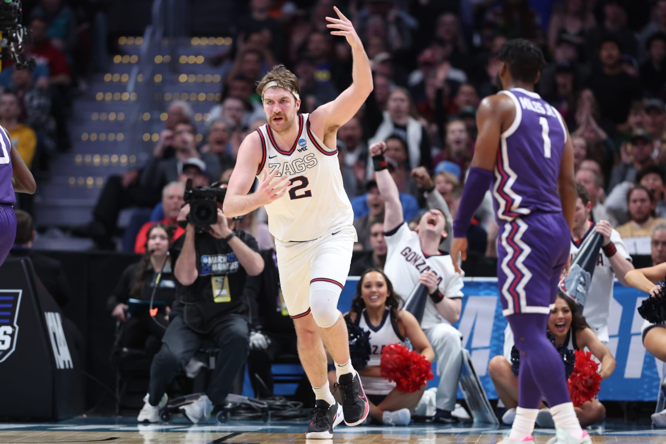 DENVER, COLORADO - MARCH 19: Drew Timme #2 of the Gonzaga Bulldogs reacts after a score during the second half against the TCU Horned Frogs in the second round of the NCAA Men's Basketball Tournament at Ball Arena on March 19, 2023 in Denver, Colorado. (Photo by Sean M. Haffey/Getty Images)